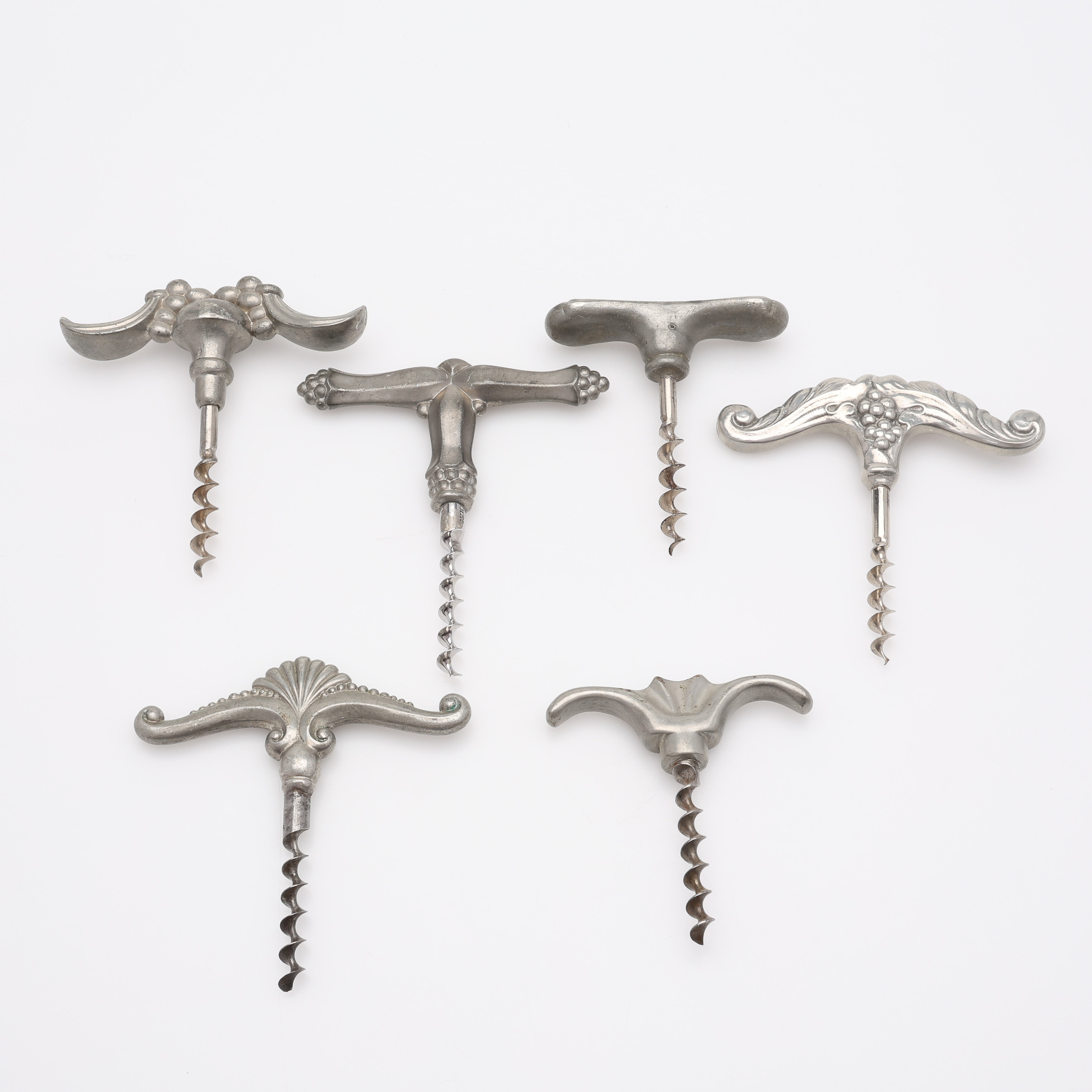 KORKSKRUVAR, 6 ST, skandinaviska, tenn och stål, 1930-tal.