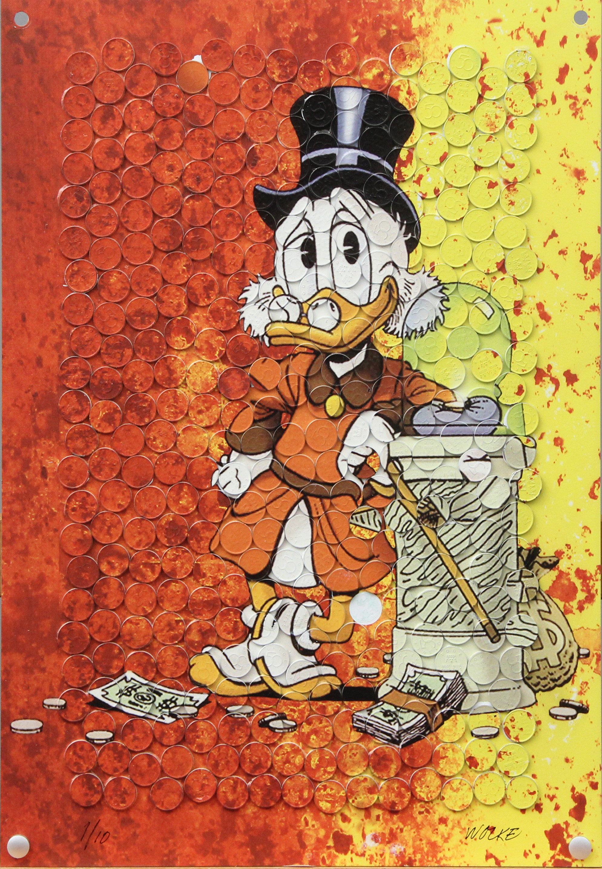 ANDERS WOLKE. KONSTTAVLA, metall, med påklistrade mynt, Joakim von Anka, signerad.