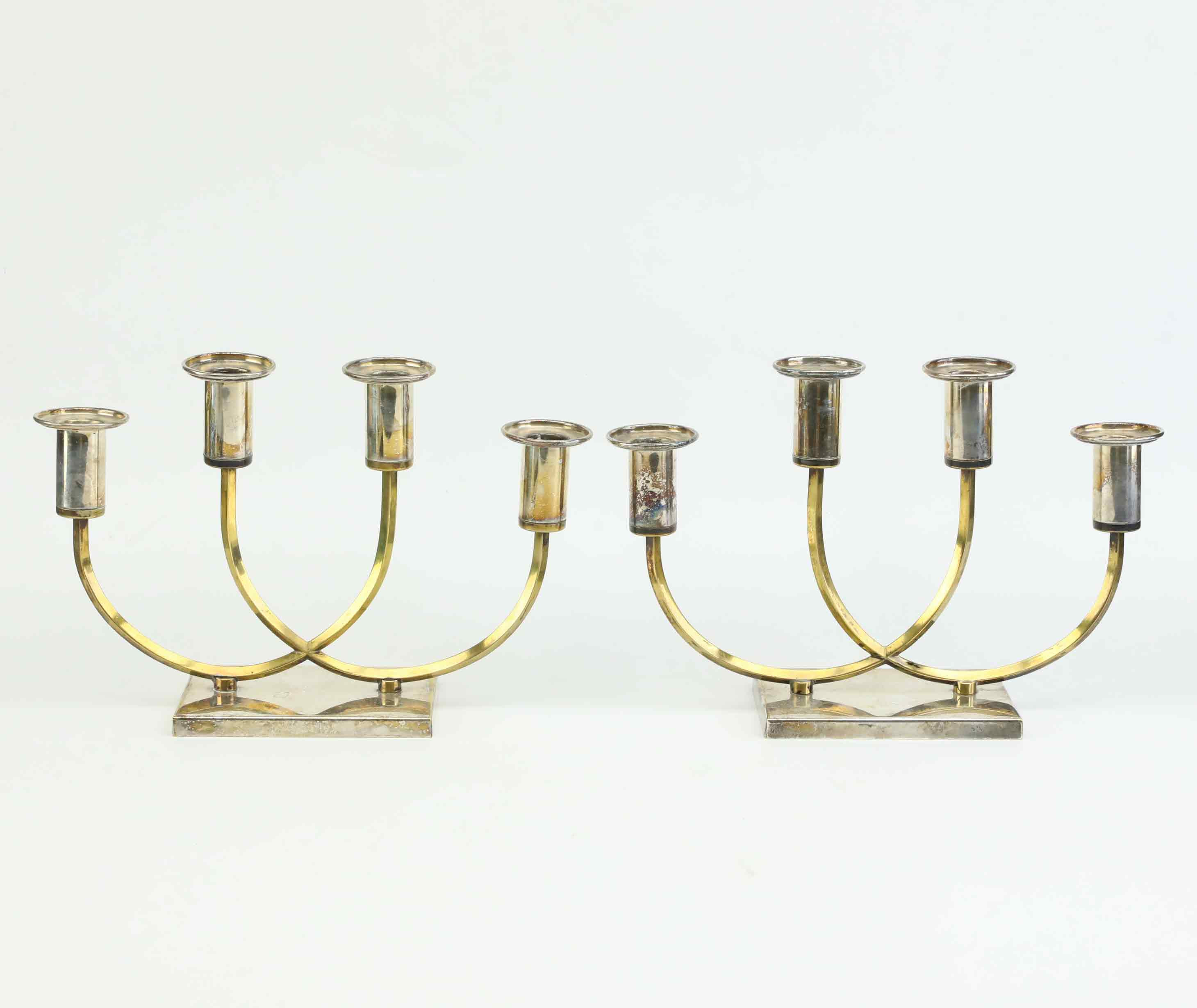 OSCAR NILSSON. ljusstakar, ett par, nysilver, mässing, 1900-talets första hälft.