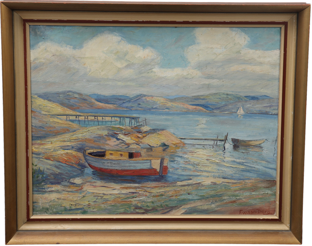 OIDENTIFIERAD KONSTNÄR. Signerad F.W.son berg, skärgårdsbild med båtar, oljemålning på duk.