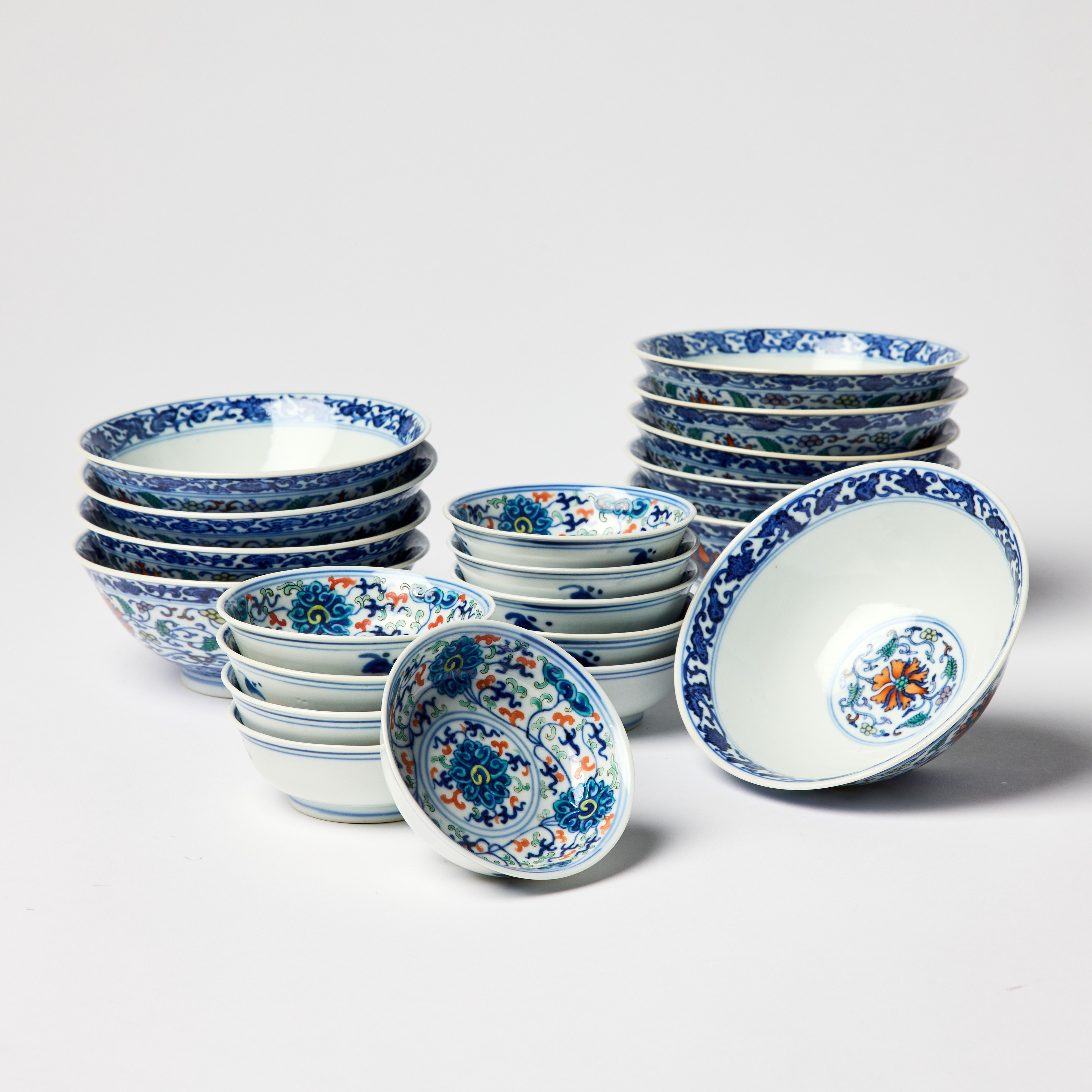 A Set of Ten Chinese Doucai Bowls and Ten Small Dishes.