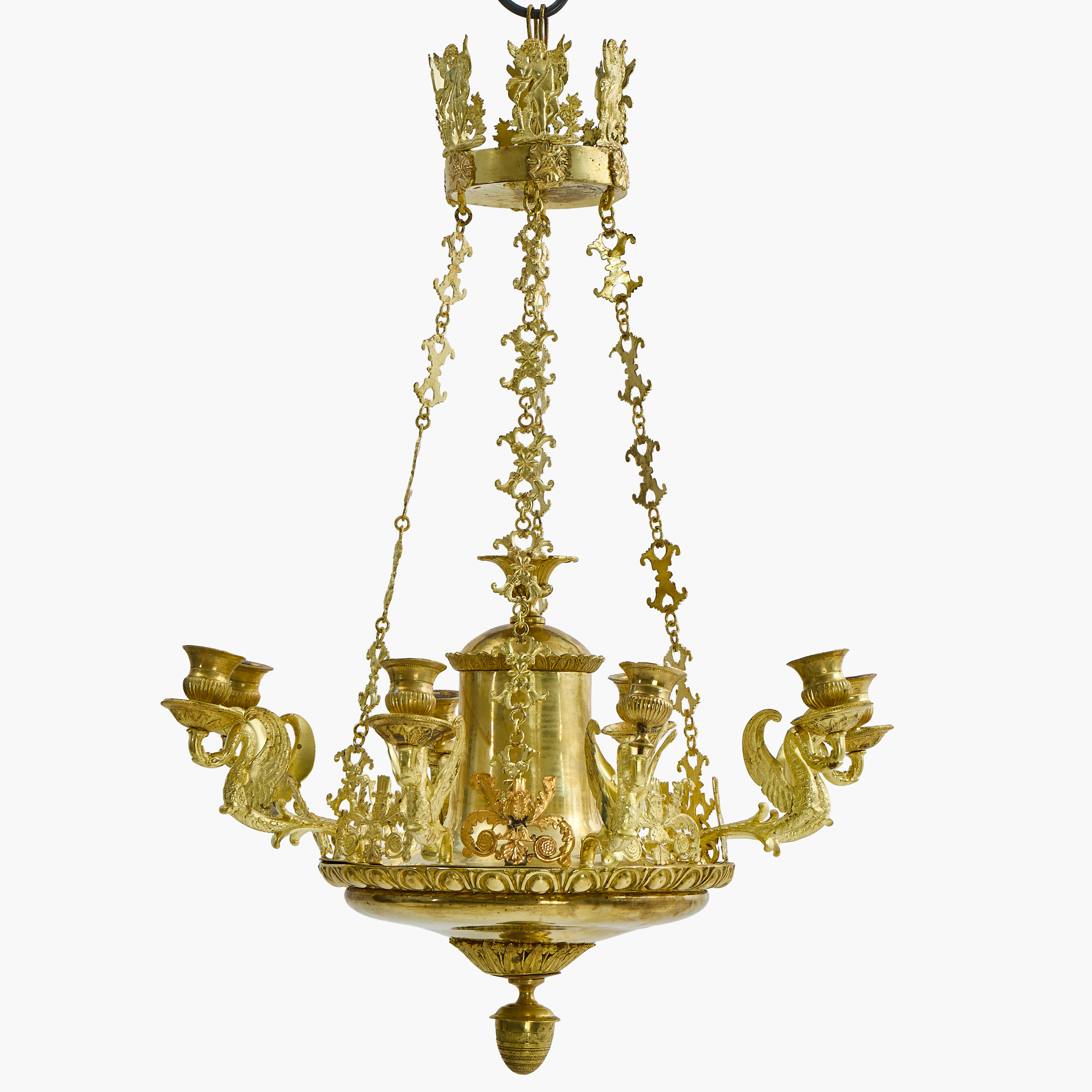 AMPEL, för 8 ljus, förgylld brons och mässing, Empirestil, 1800-talets andra hälft.