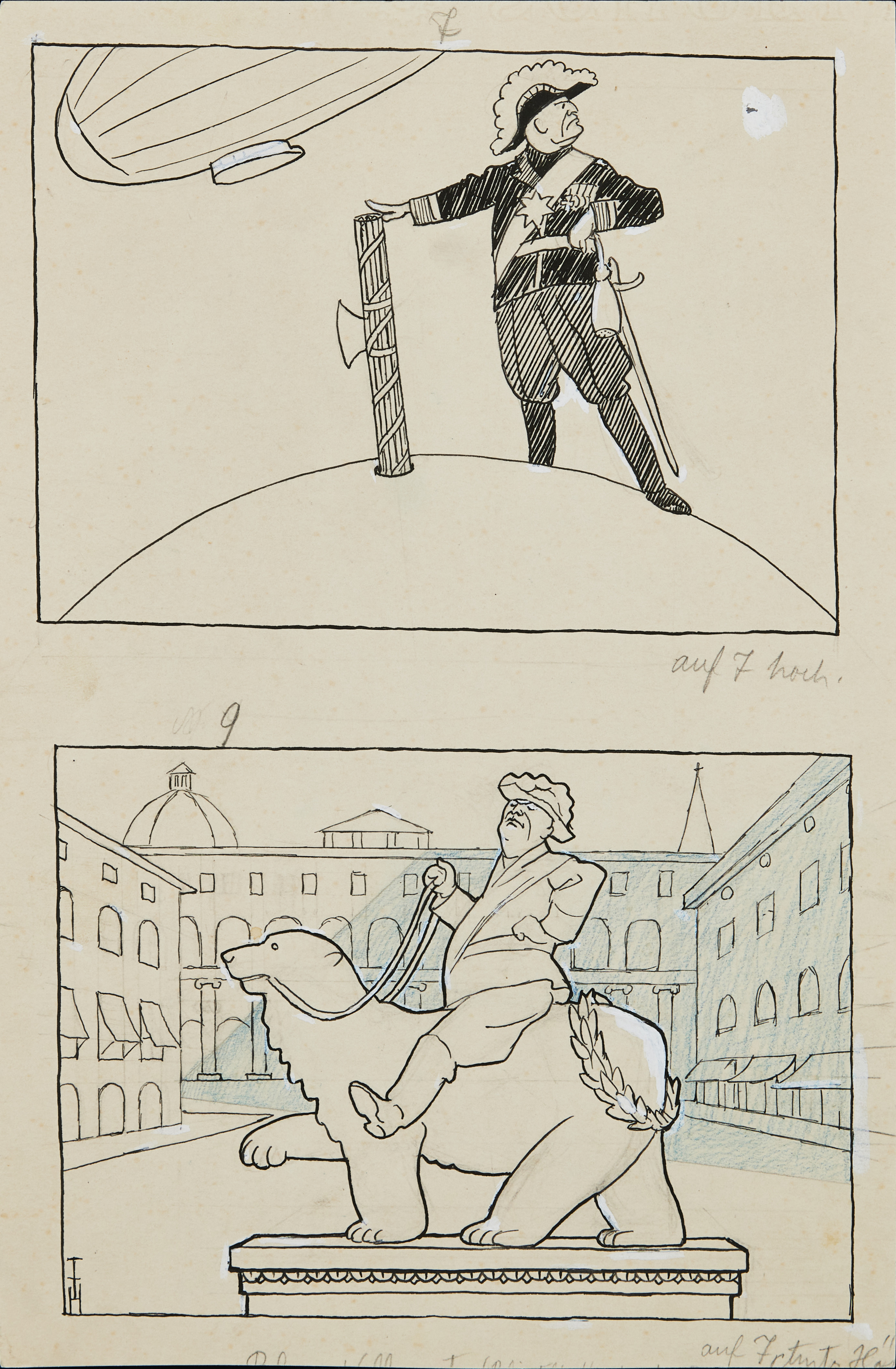 THOMAS THEODOR HEINE. Förlagor till illustration för tidsskriften Simplicissimus, bläck och färgpenna, signerad.