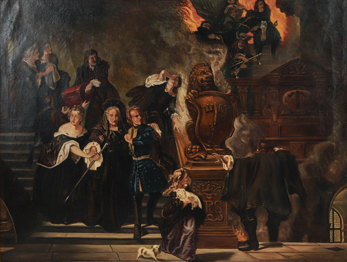 HÖCKERT JOHAN FREDRIK, KOPIA EFTER. Stockholms slottsbrand 7. maj 1697, olja på duk, målad av Fritz Ziel 1917.