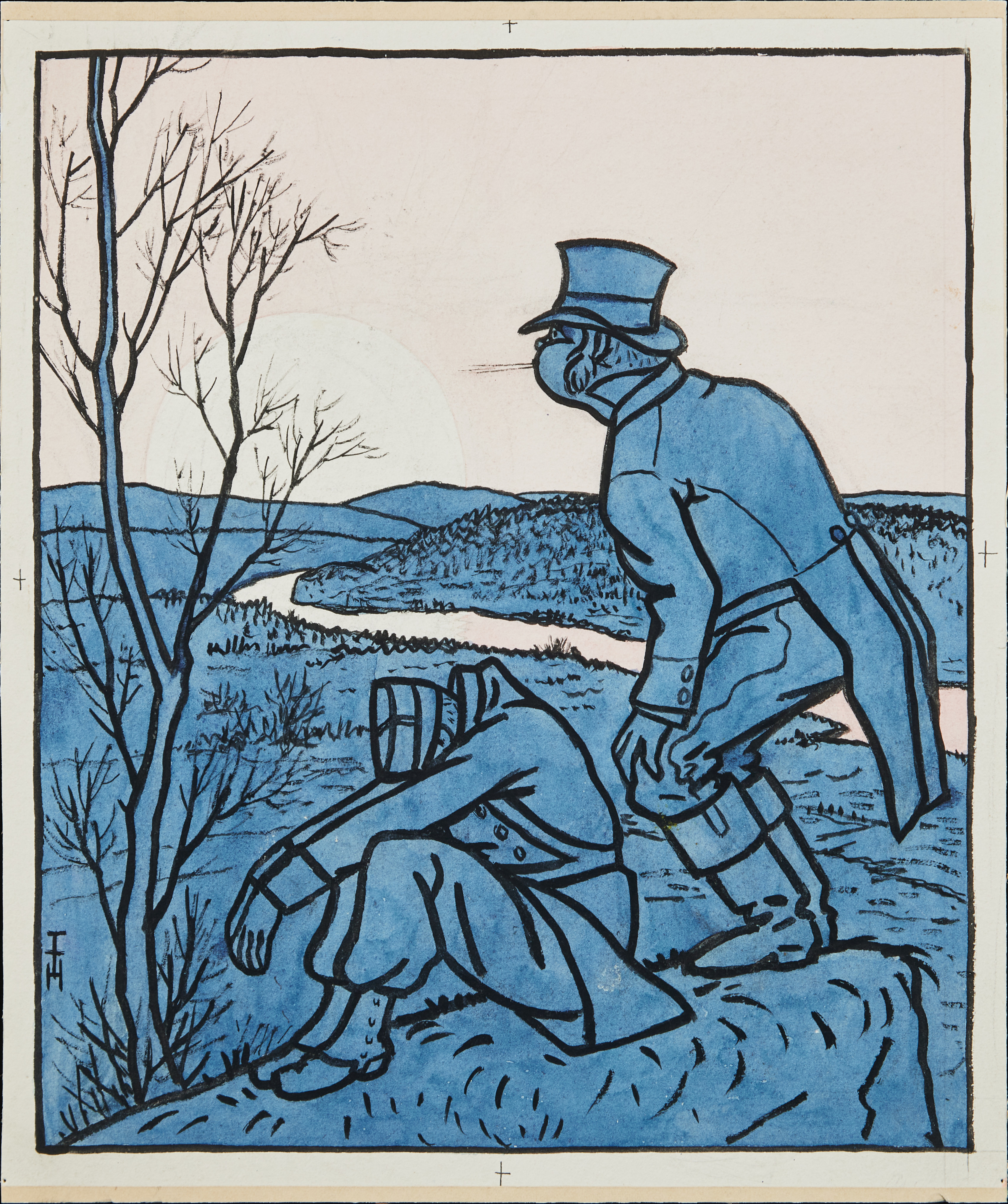 THOMAS THEODOR HEINE. Förlaga till illustration för tidsskriften Simplicissimus, akvarell och bläck uppfodrad på pappskiva, signerad.