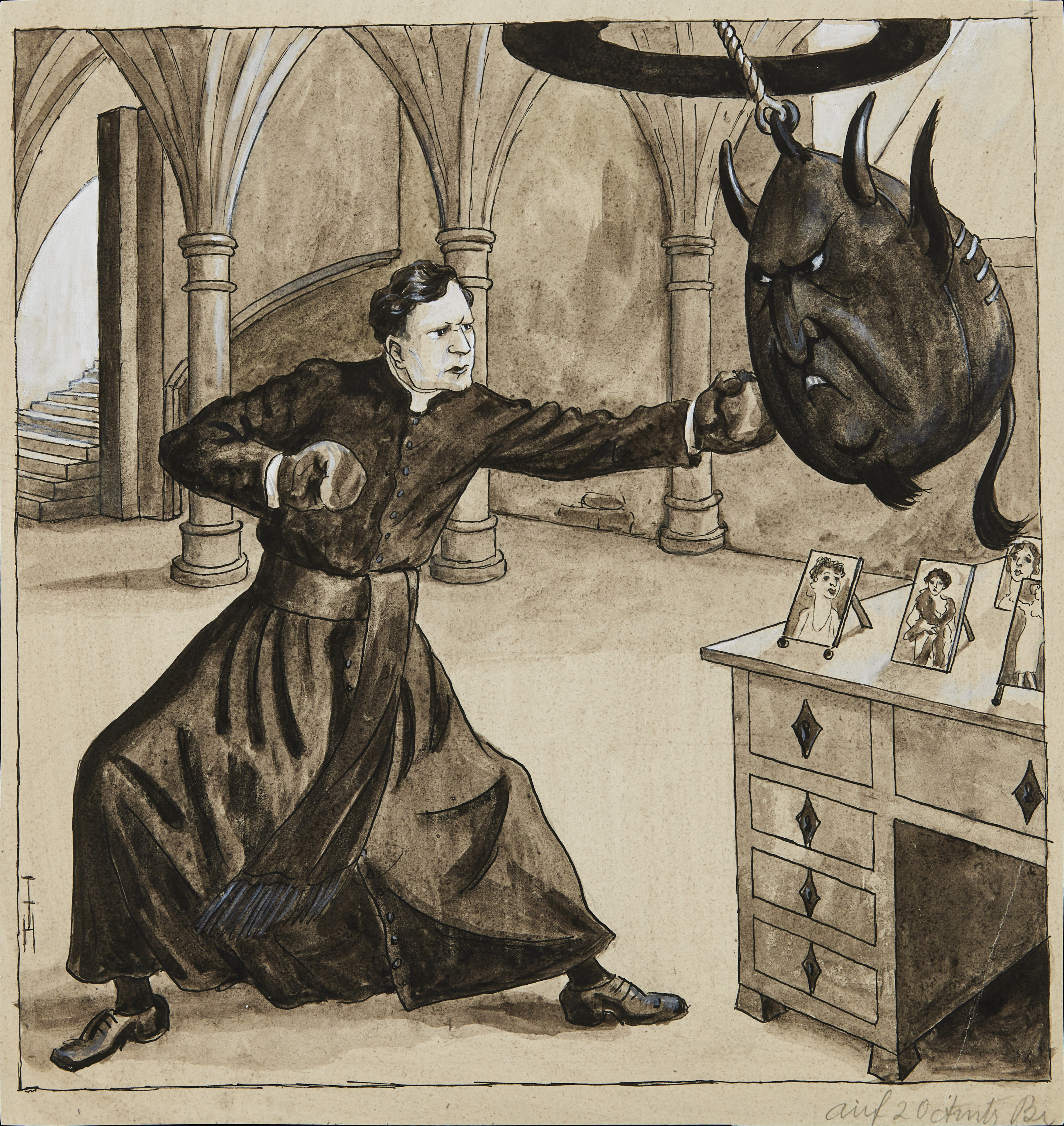 THOMAS THEODOR HEINE. Förlaga till illustration för tidsskriften Simplicissimus, bläck och täckvitt, signerad.