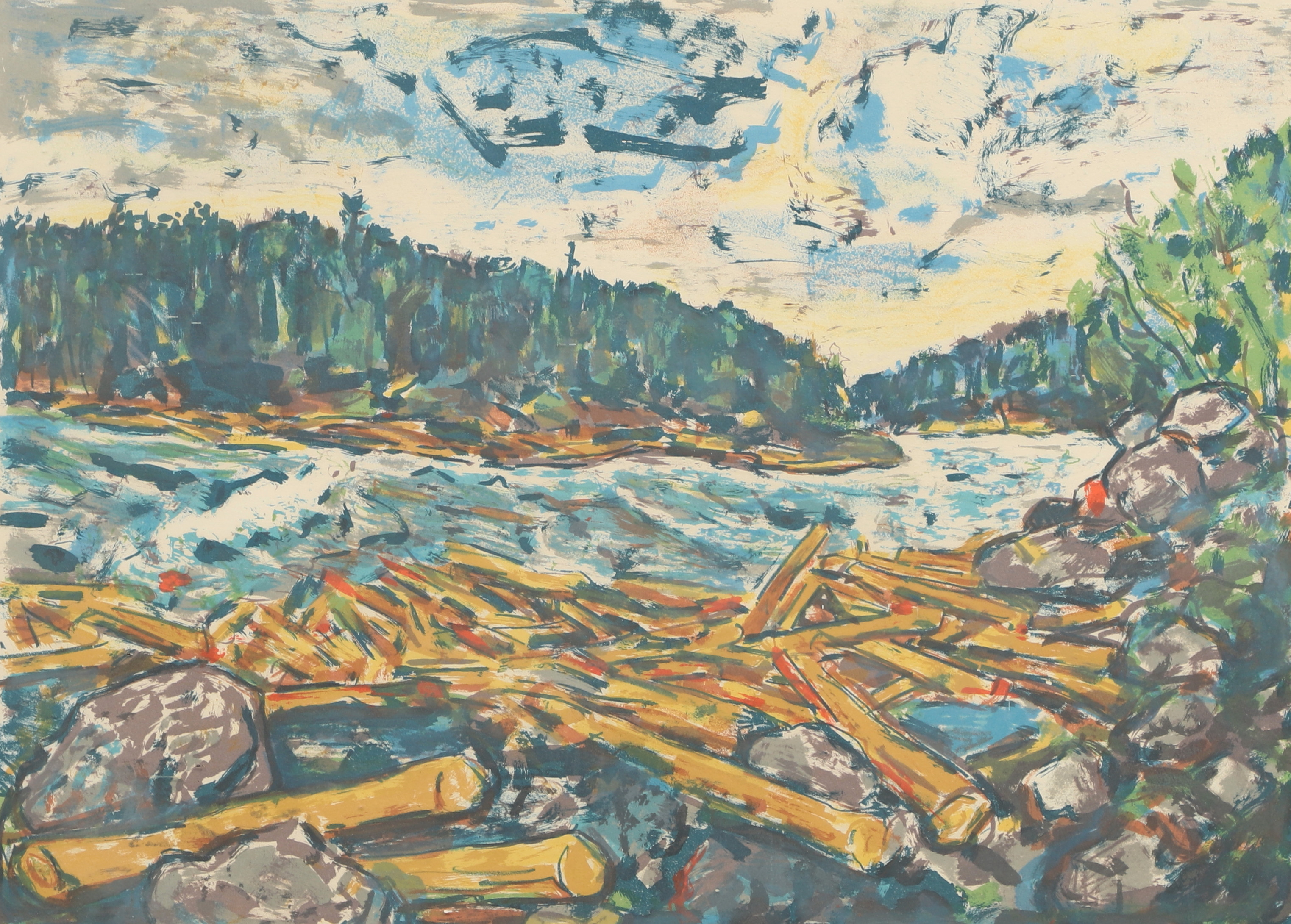 ALBIN AMELIN. Färglitografi, Timmerflottning, signerad, numrerad 267/360.