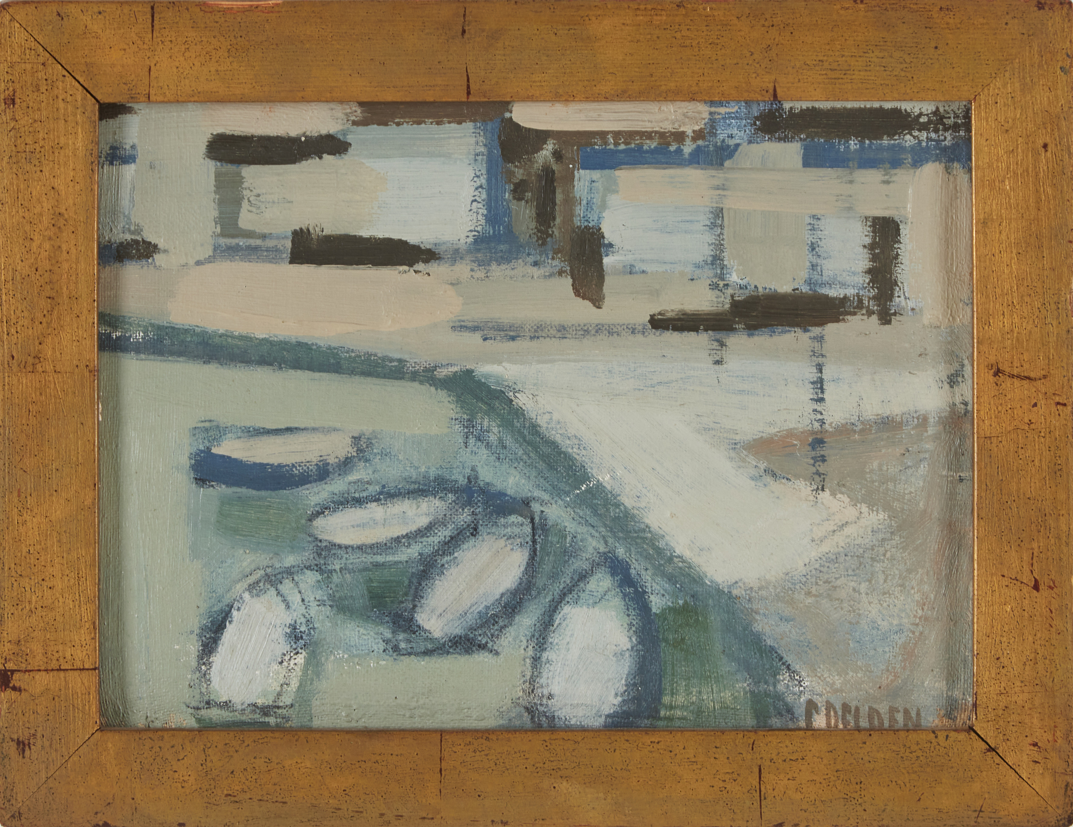 CARL DELDEN. Båthamn, oljemålning på pannå, signerad C Delden.