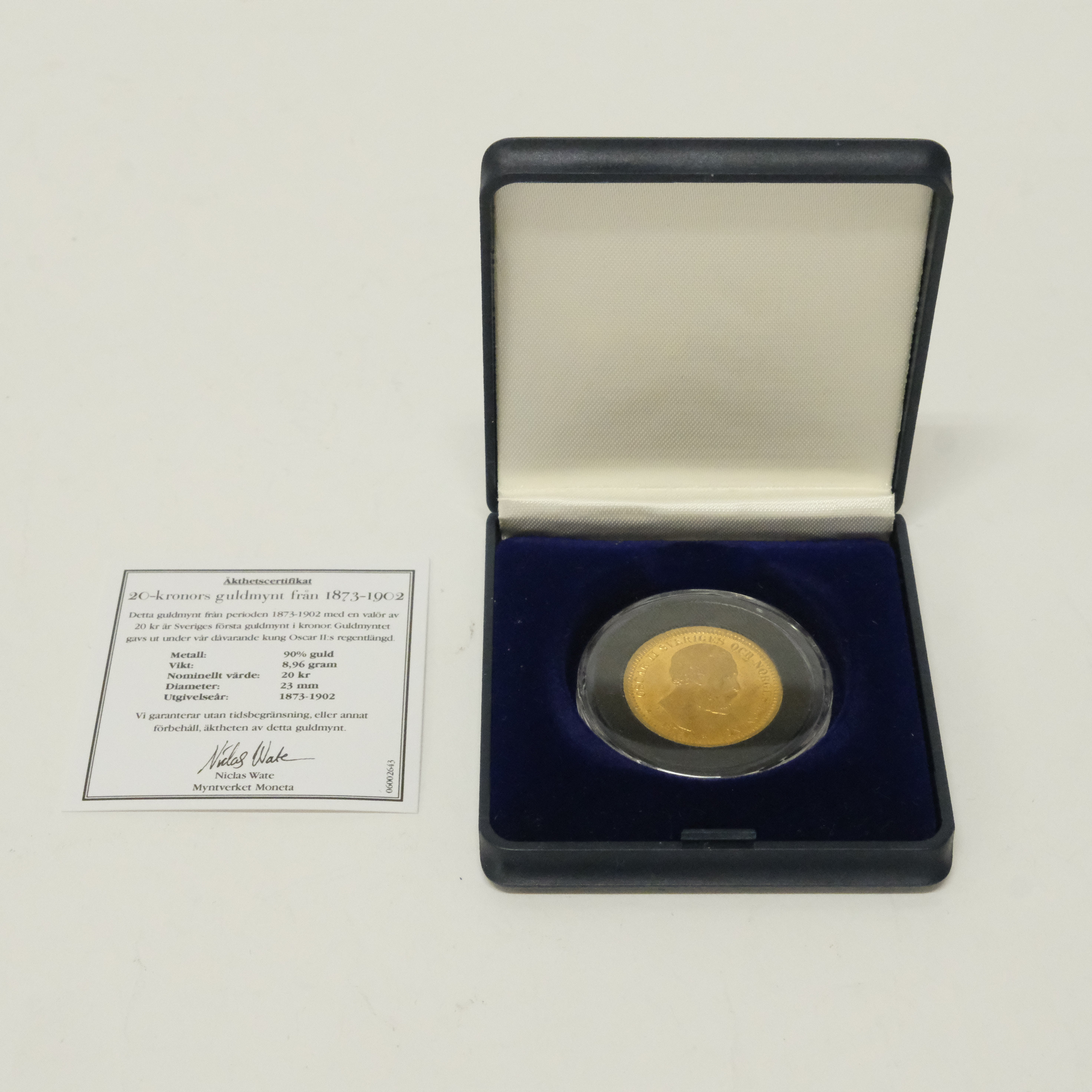 MYNT, 21,6K GULD, 20 KR, OSCAR II OCH NORGES KONUNG 1878.