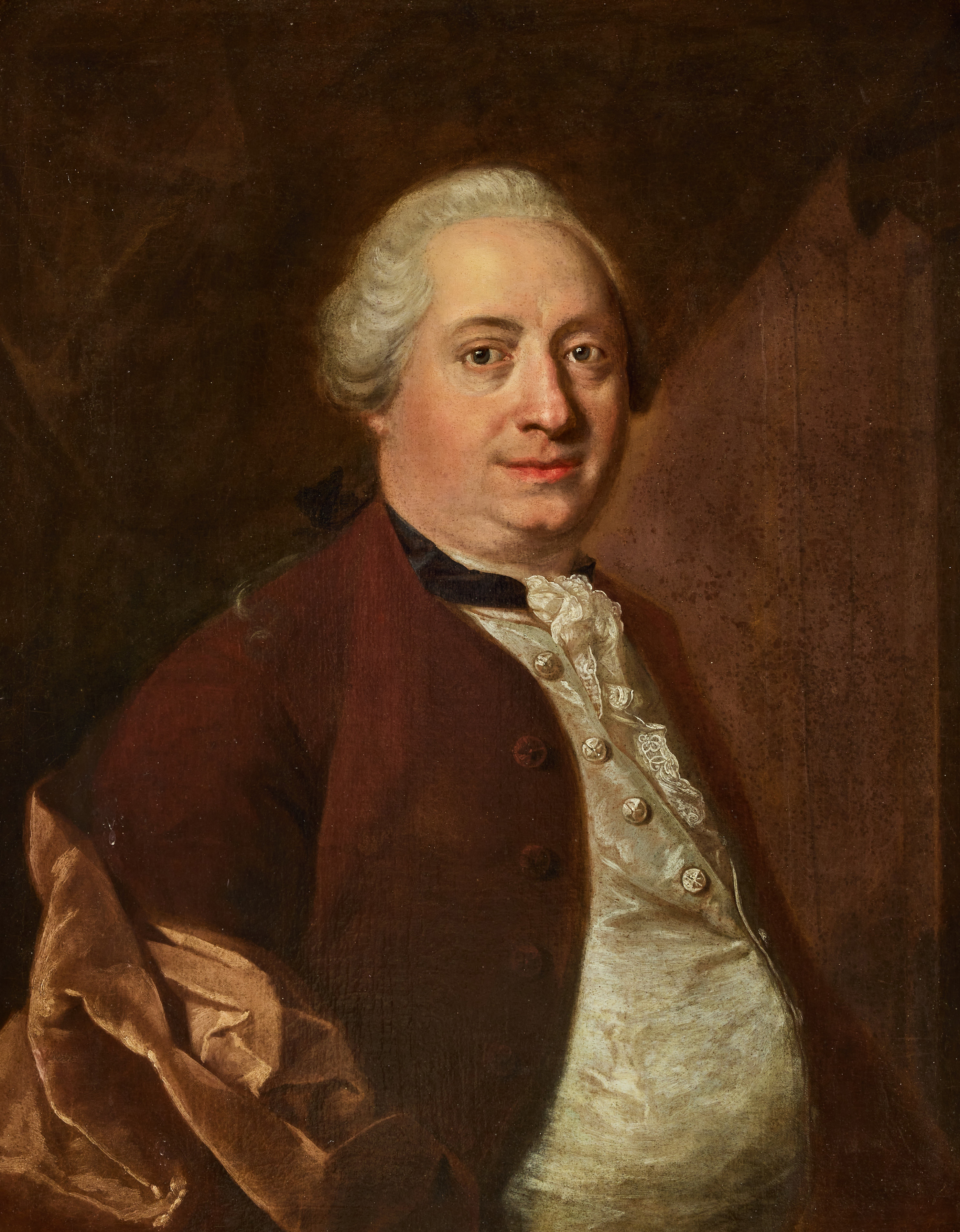 JOHAN HENRIK SCHEFFEL (1690-1781). Porträtt föreställande Hovrättsråd och Häradshövding Elias Wettercrona (1716-1781) i brunröd rock.