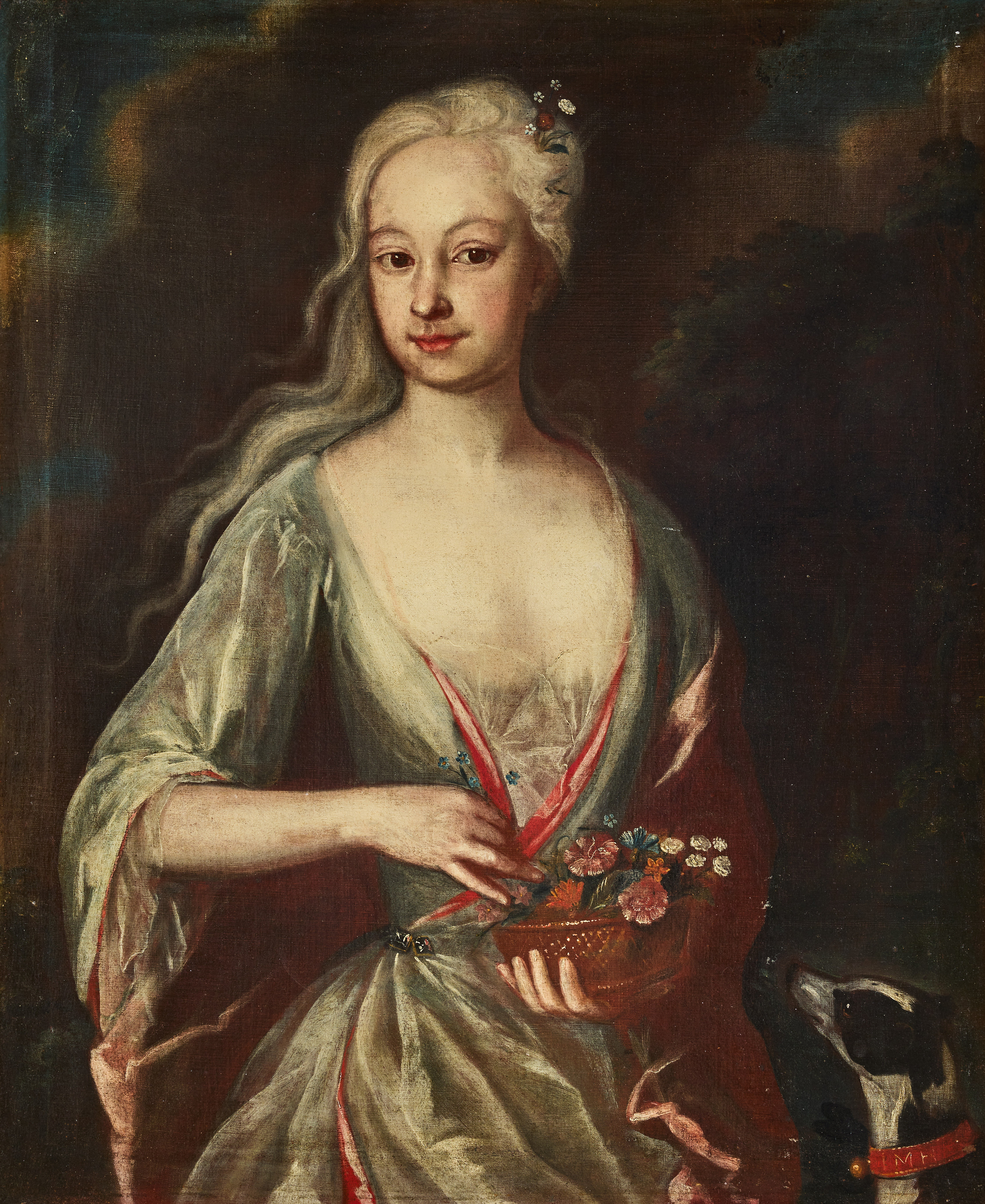 LORENS PASCH D.Ä. (1702-1766). Hans krets. Porträtt föreställande Johanna Maria Wettercrona, född Haumbler (1712–1775) i vit-röd klänning med hund.