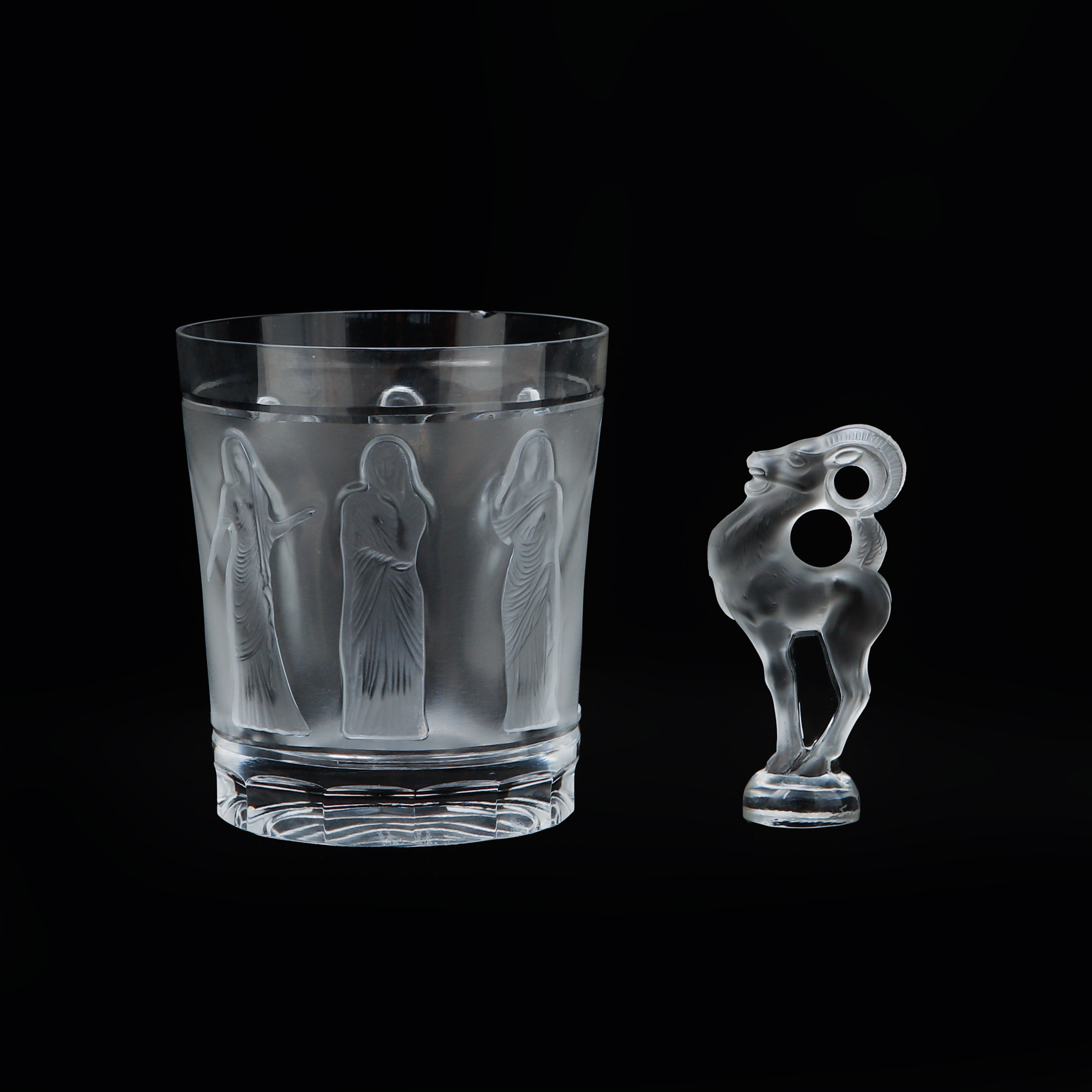 WHISKEYGLAS samt SIGILLSTAMP, glas, Lalique, Frankrike.