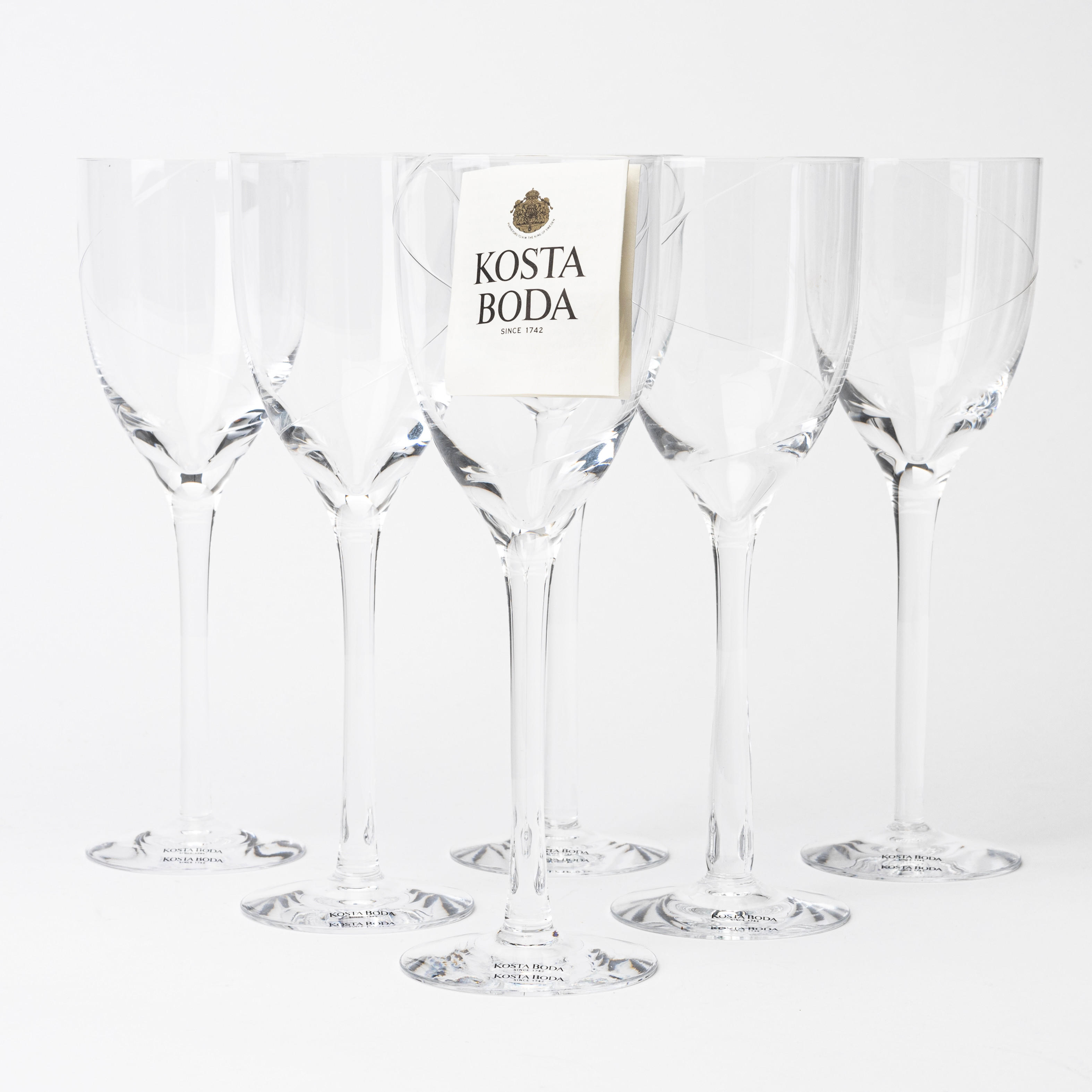 VINGLAS, 6 st, modell "Line", Anna Ehrner, Orrefors, 1900-tal.