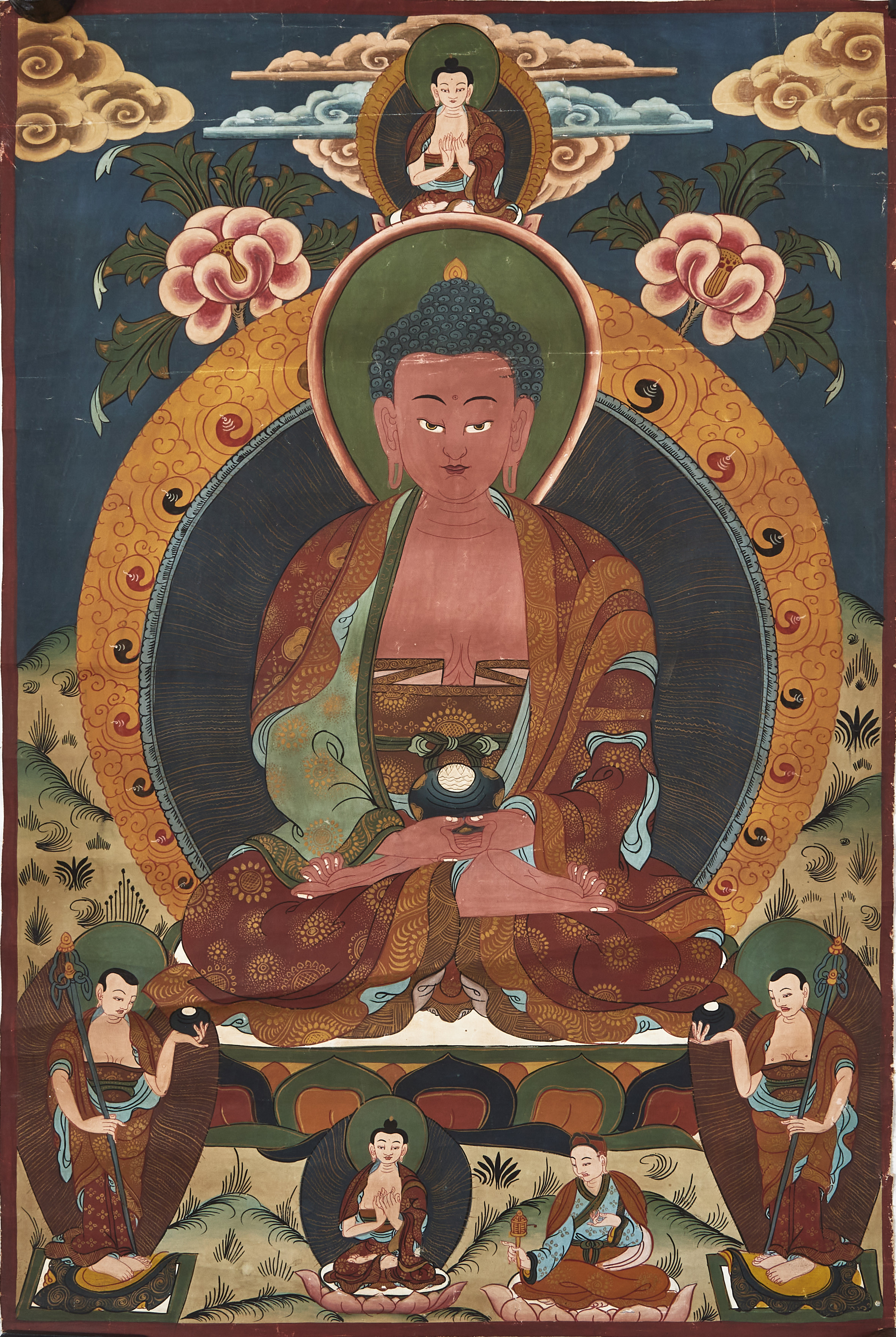 THANGKOR, 4 st., gouacher, Tibet, 1900-tal, föreställande Buddha och andra Gudomar.