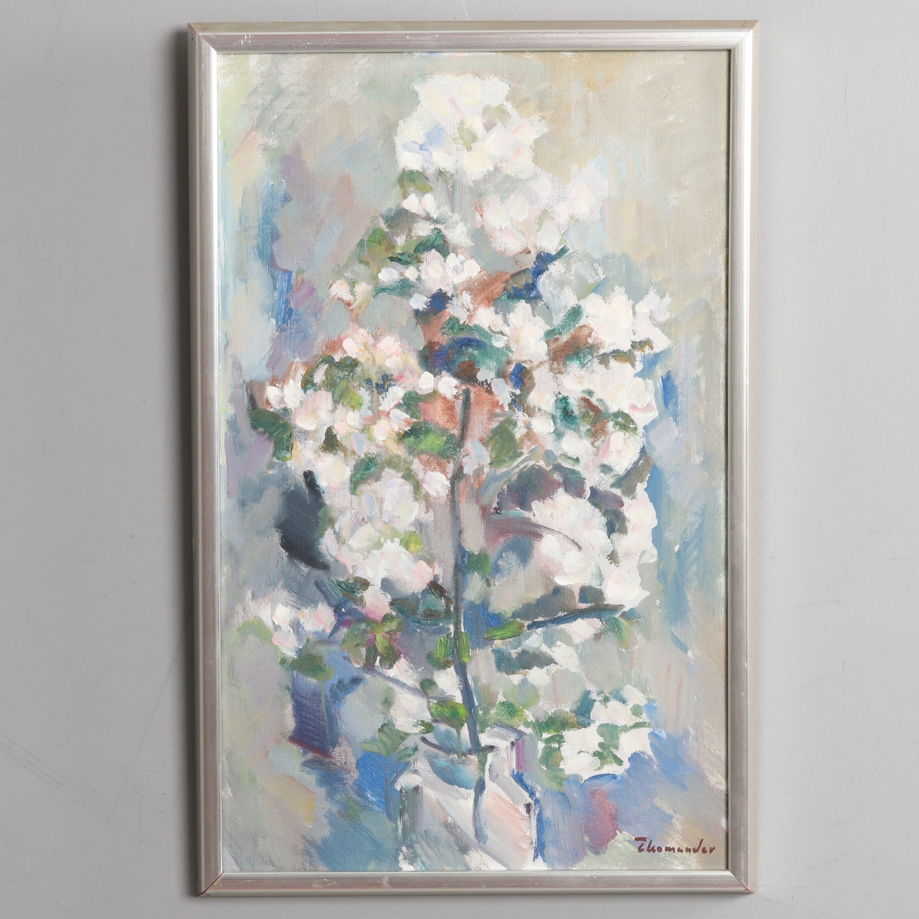 HARRY THOMANDER. OLJA PÅ DUK, stilleben, "Äppelblom", signerad.