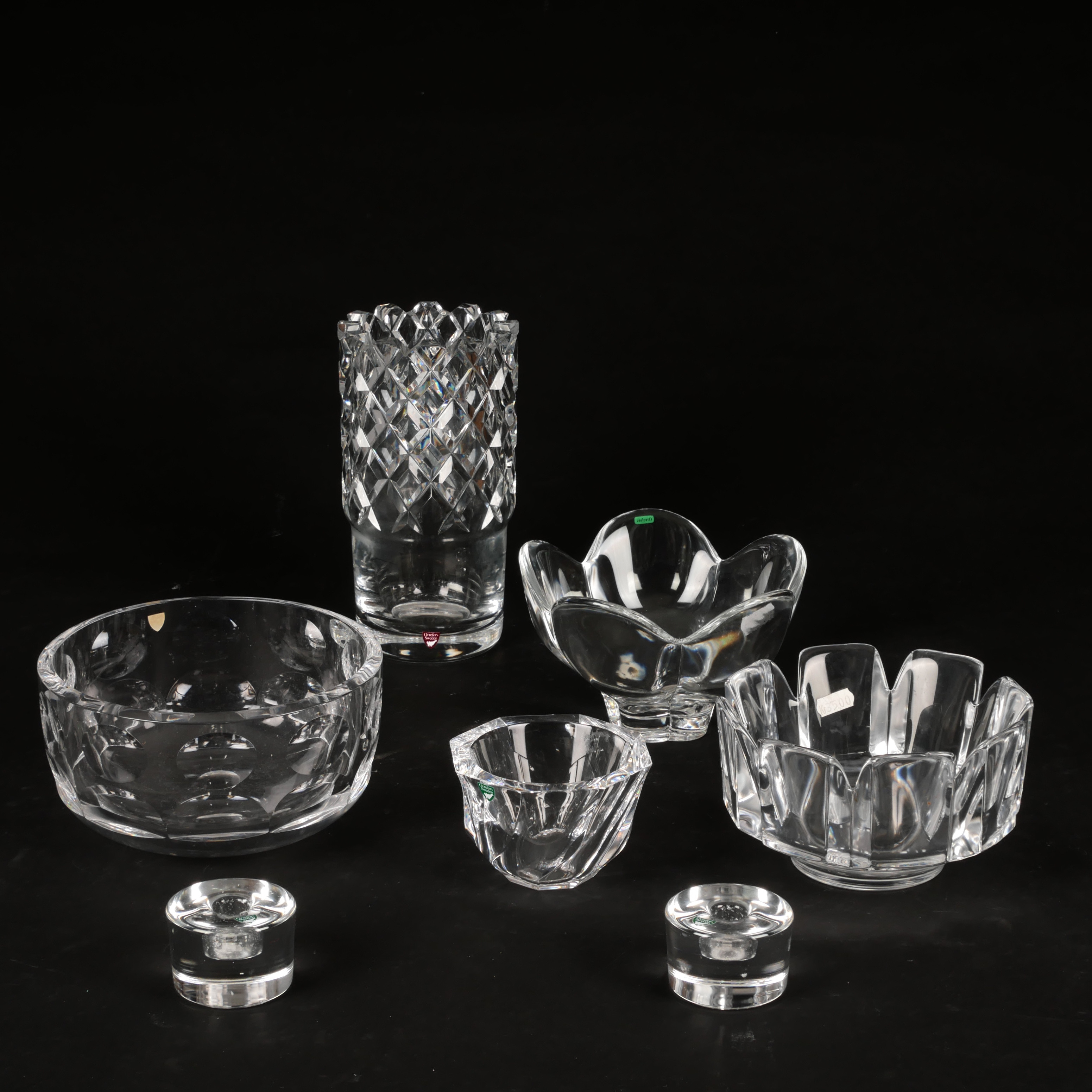 VAS, SKÅLAR, LJUSSTAKAR, 7 st, kristallglas, Orrefors.