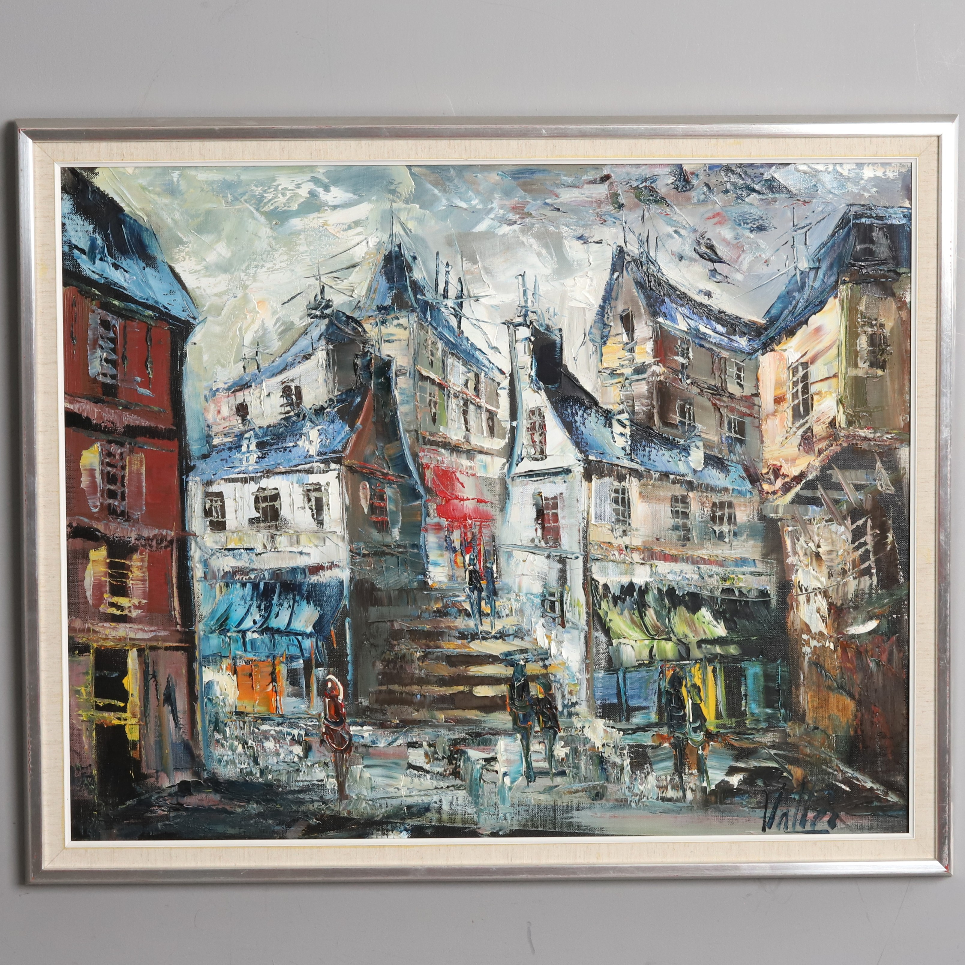 OIDENTIFIERAD KONSTNÄR. Olja på duk, impasto, "Stadsmotiv" signerad Valléz.