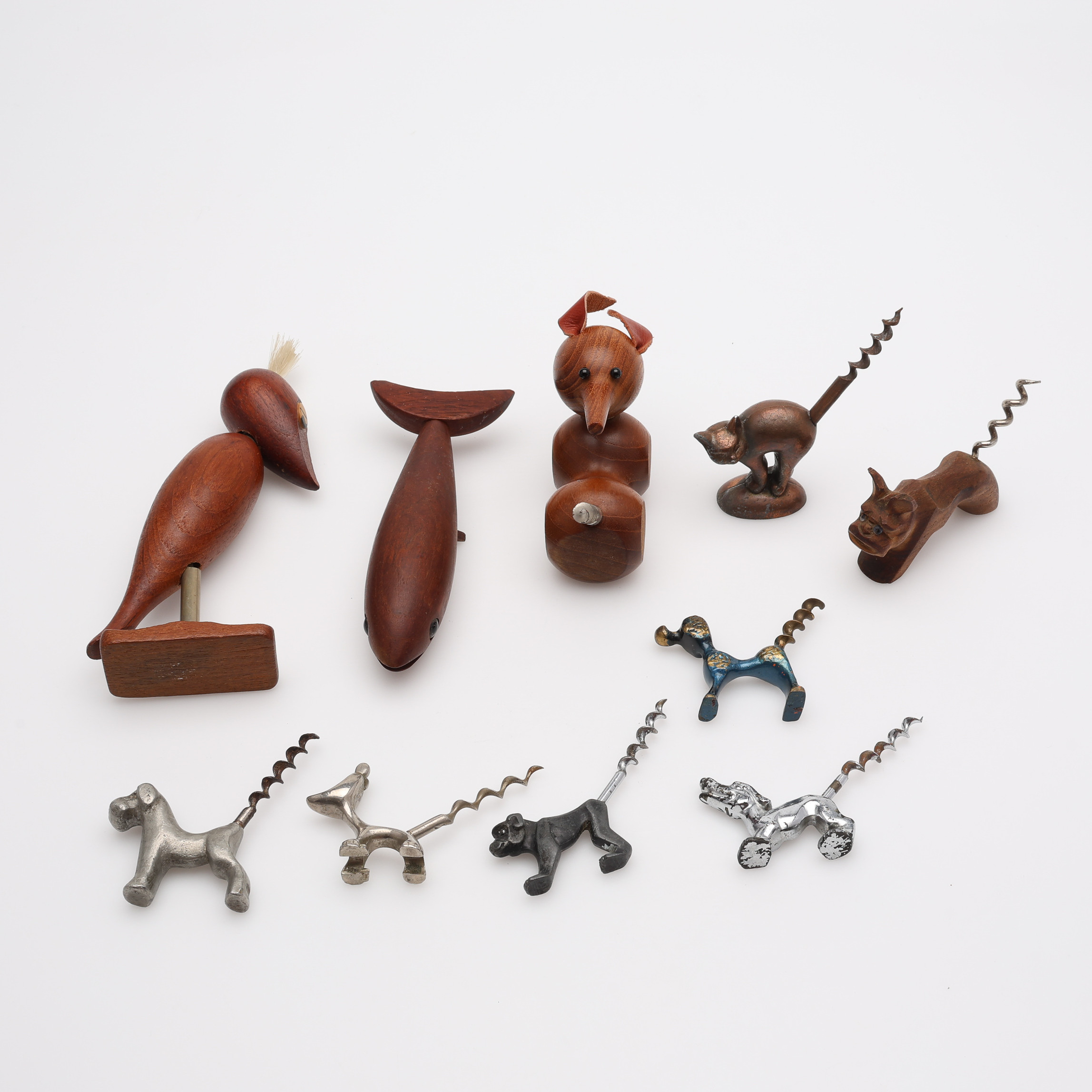 KORKSKRUVAR, 10 ST, 1950/60-tal, teak, tenn, stål, mm.