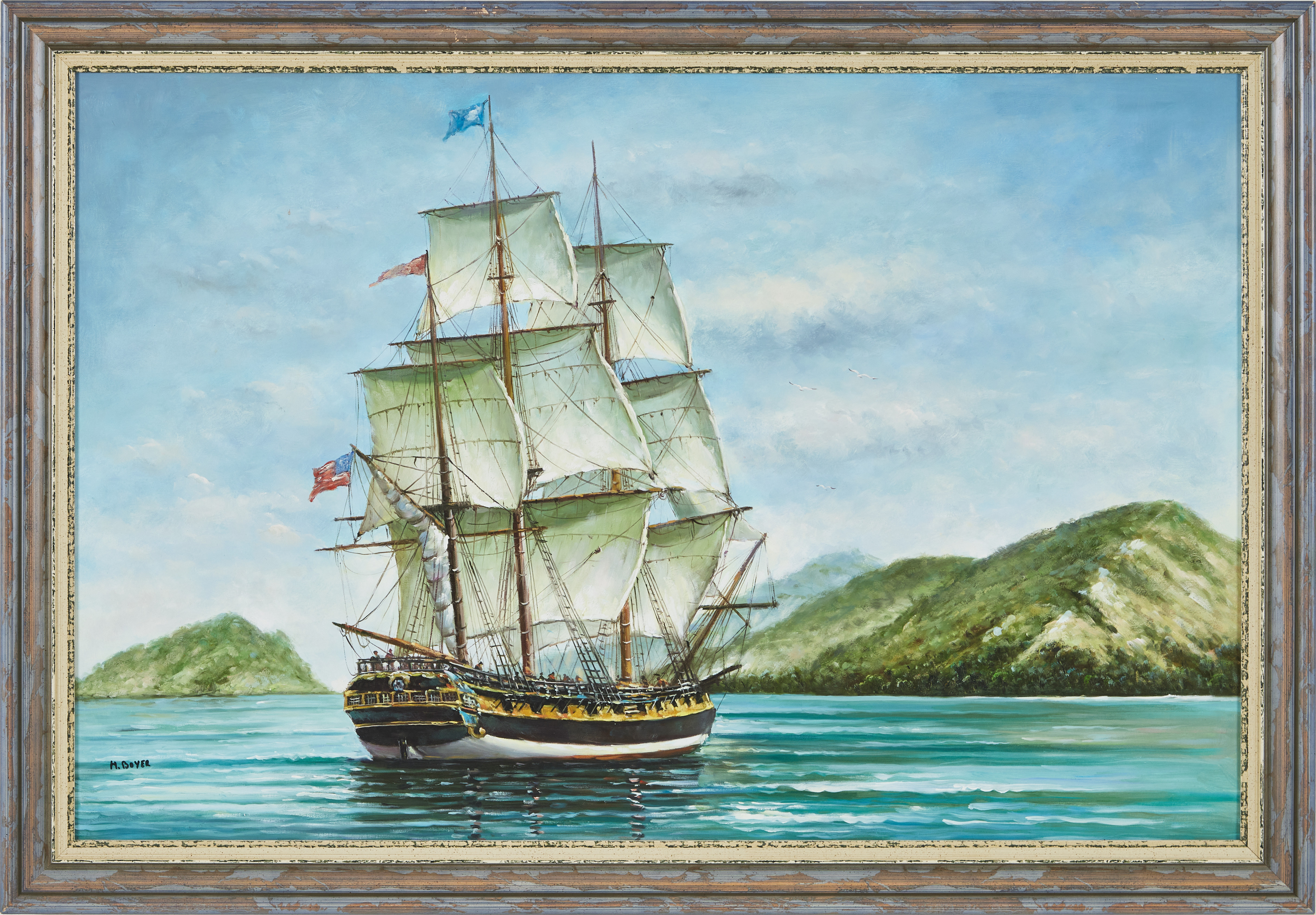 OIDENTIFIERAD KONSTNÄR. Amerikans fregatt, utanför New Yorks kust, 1812 års krig, olja på duk, signerad H Boyer.