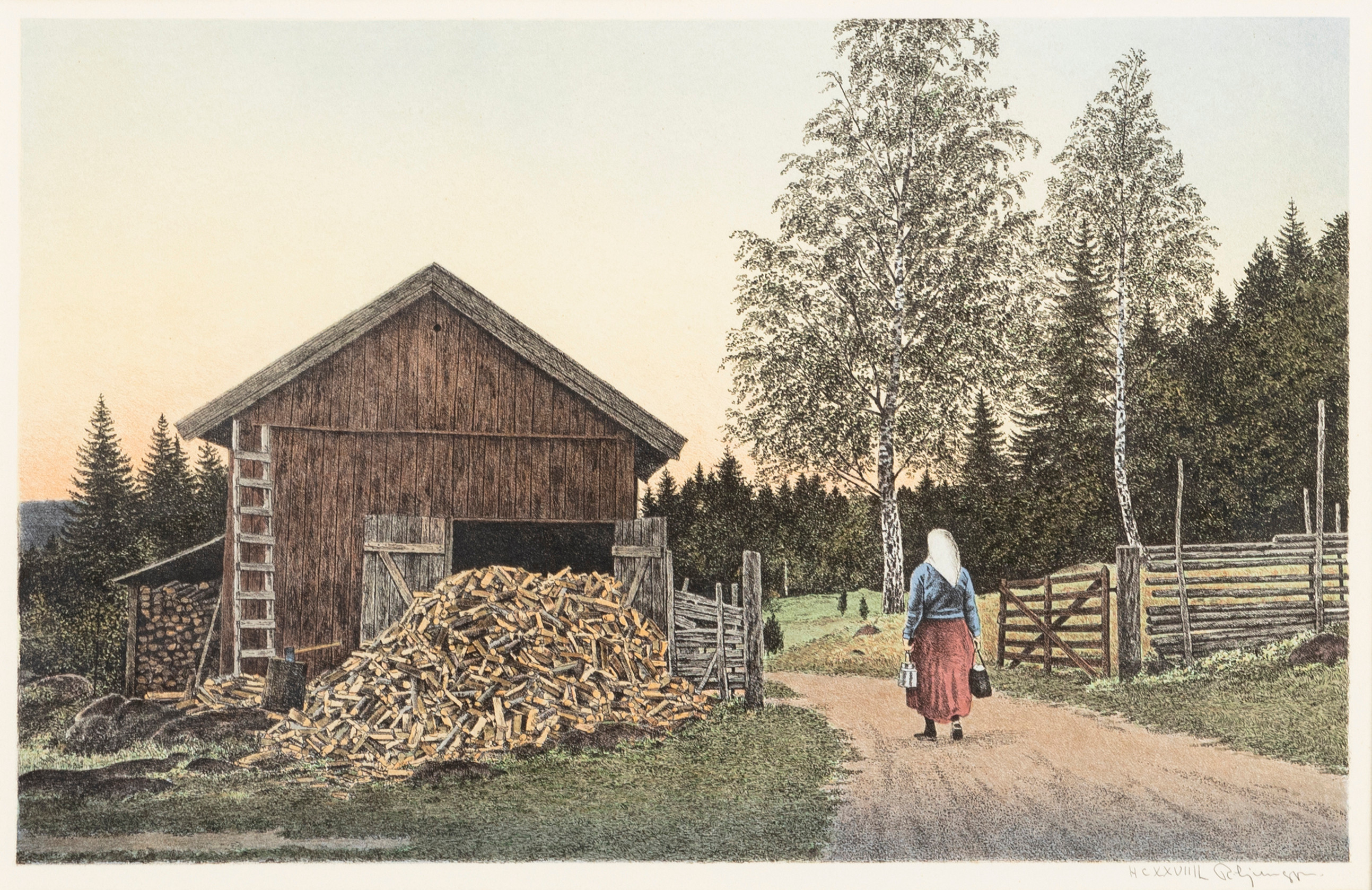 REINHOLD LJUNGGREN. Hus och kvinna i sjal, signerad och numrerad, R. Ljunggrren HC, XXXVIII.