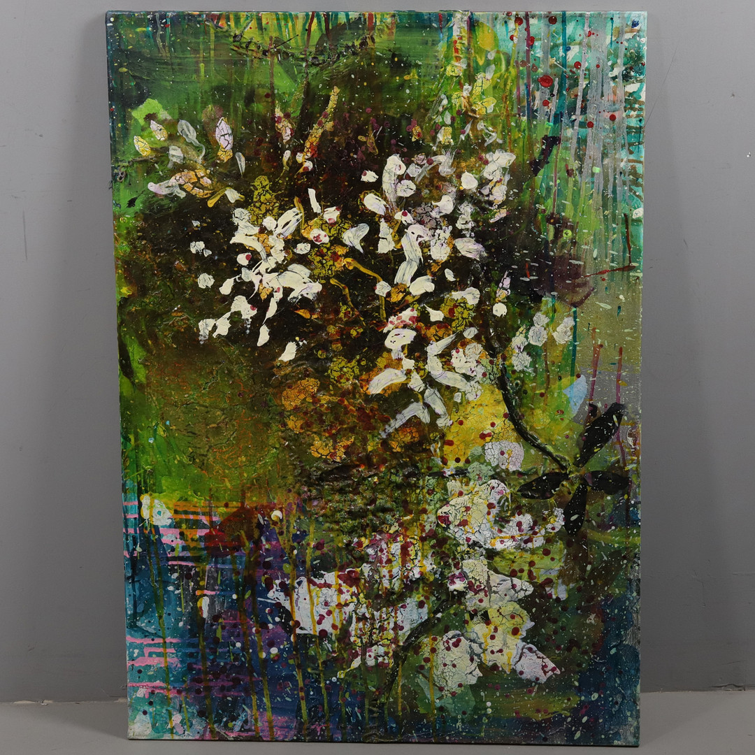 JAMES BATES. LACKERAD TEMPERA PÅ DUK, "Burst Supernature", 2020, signerad.