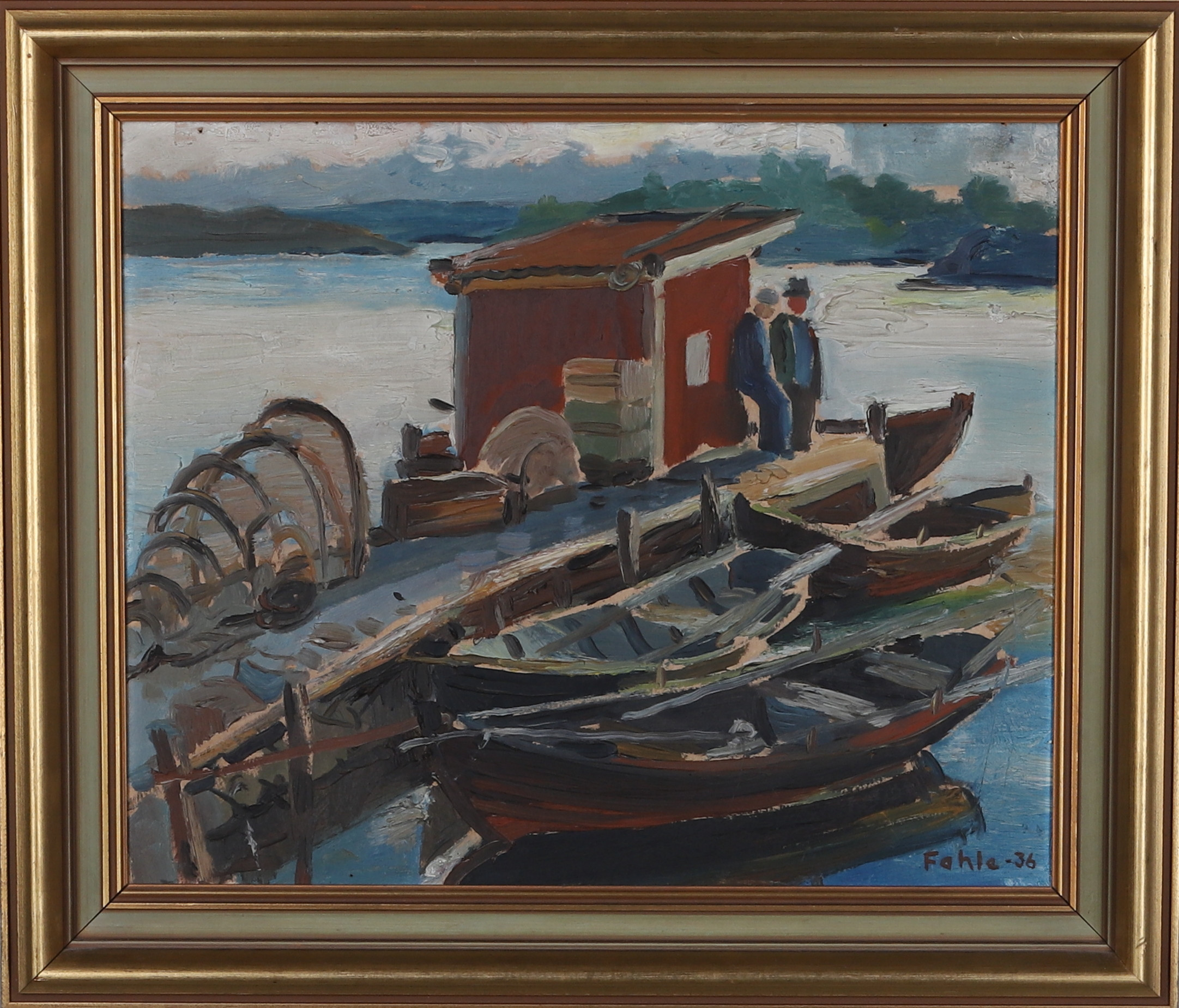 GUSTAF ADOLF FAHLE. Olja på pannå, "Motiv från Långö Tjust", signerad och daterad 1936.