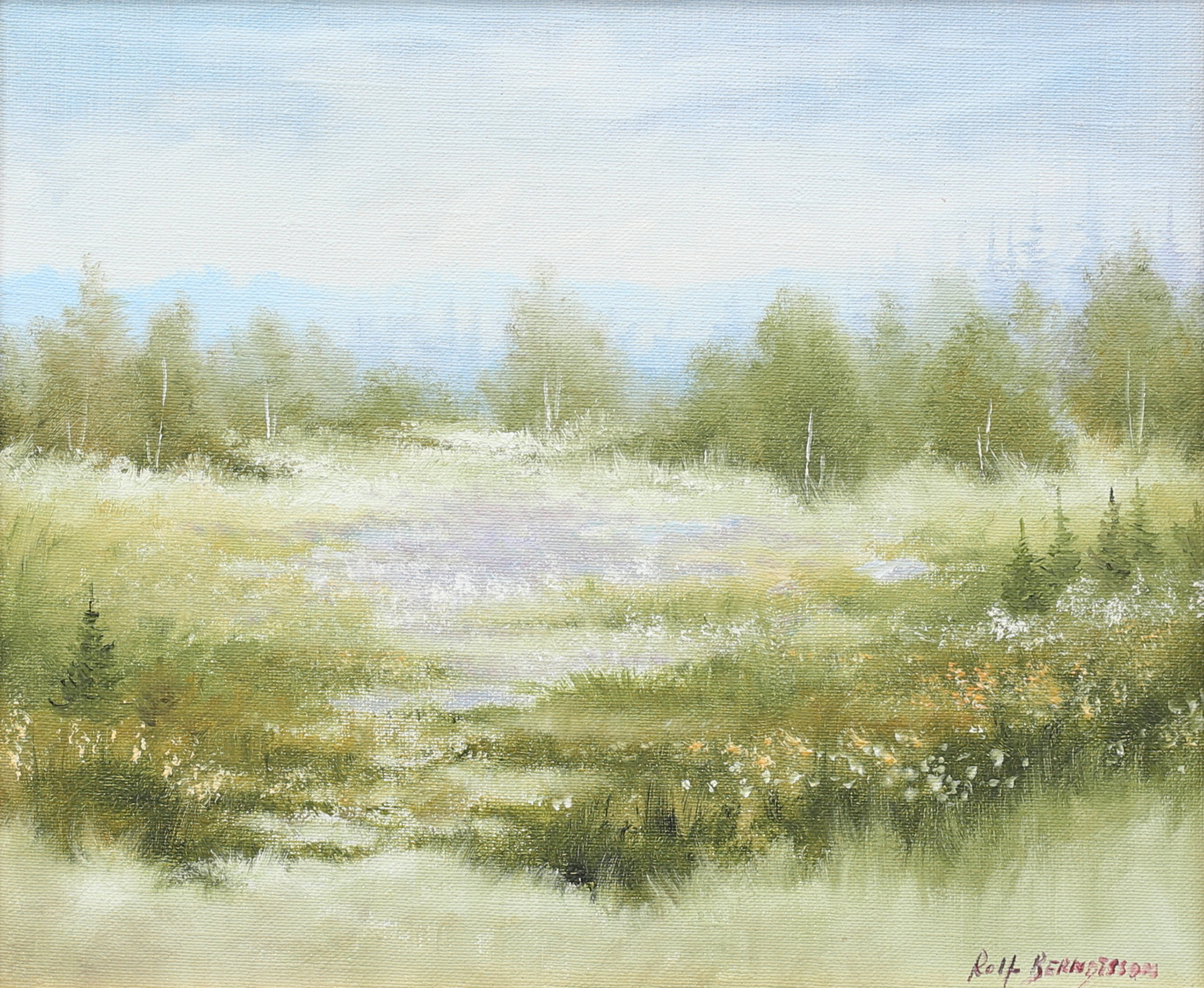 ROLF BERNDTSSON. Ängslandskap. Olja på duk, uppfodrad på pannå, signerad.