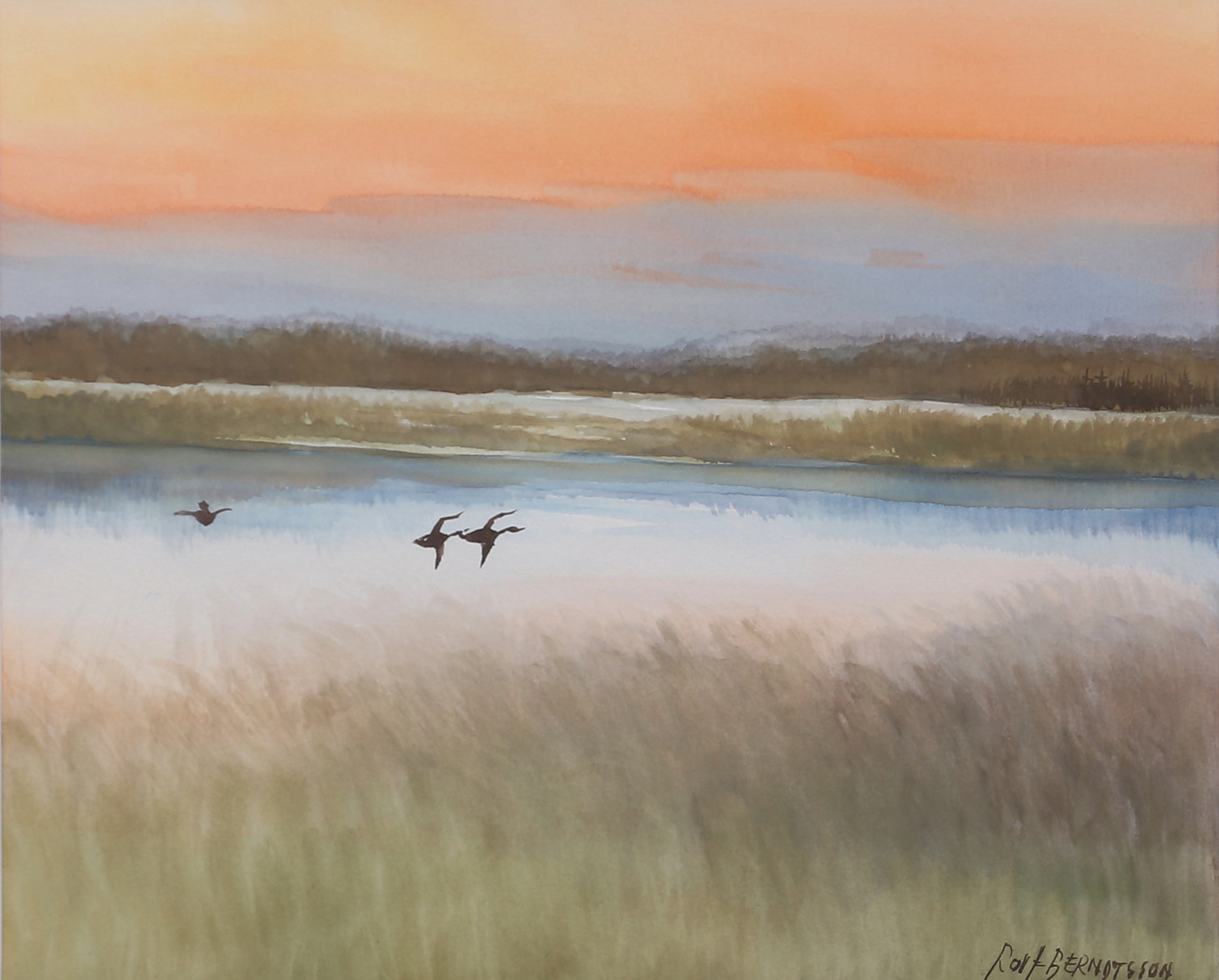 ROLF BERNDTSSON. Skymning över sjölandskap. Akvarell, signerad.