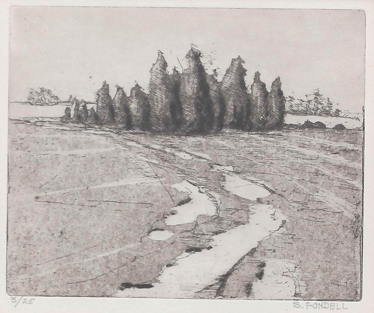 SUNE FONDELL. Landskap med enar. Etsning, signerad och numrerad 3/25.