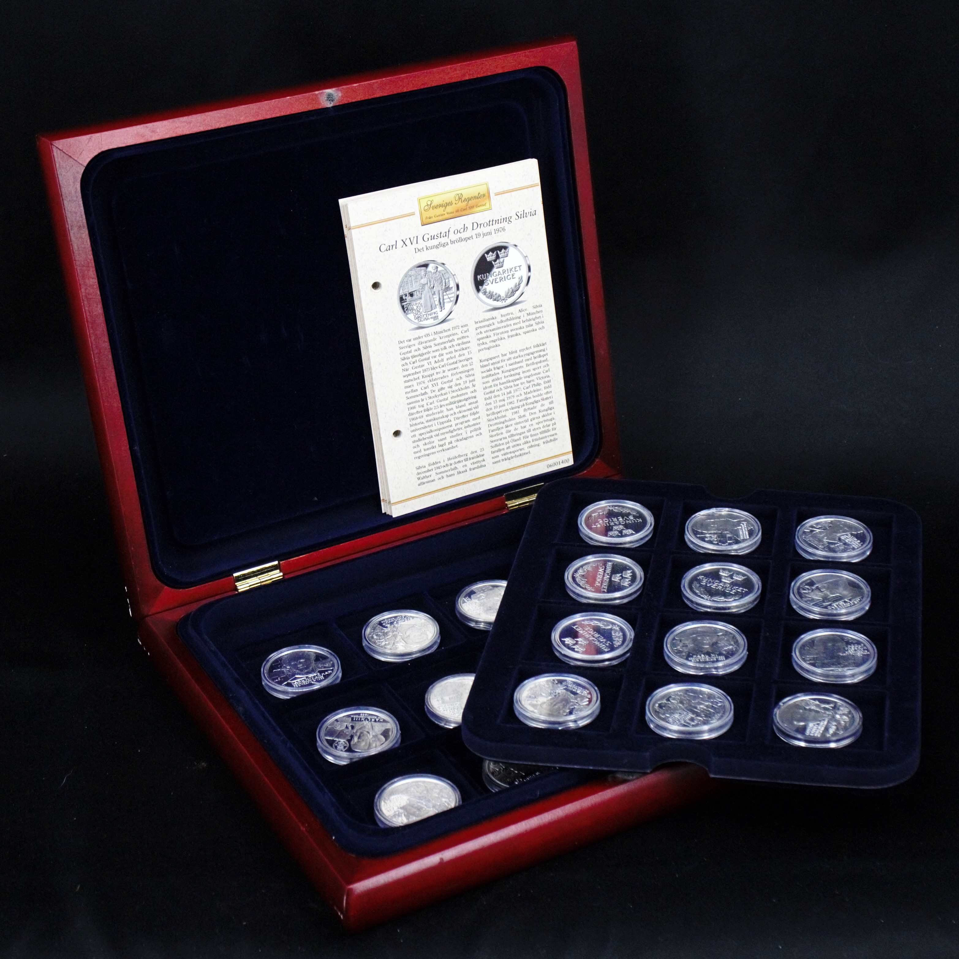 MINNESMYNT, Sveriges regenter, 24 st. sterlingsilver, i schatull, vikt ca 648 gr. Myntverket Moneta.