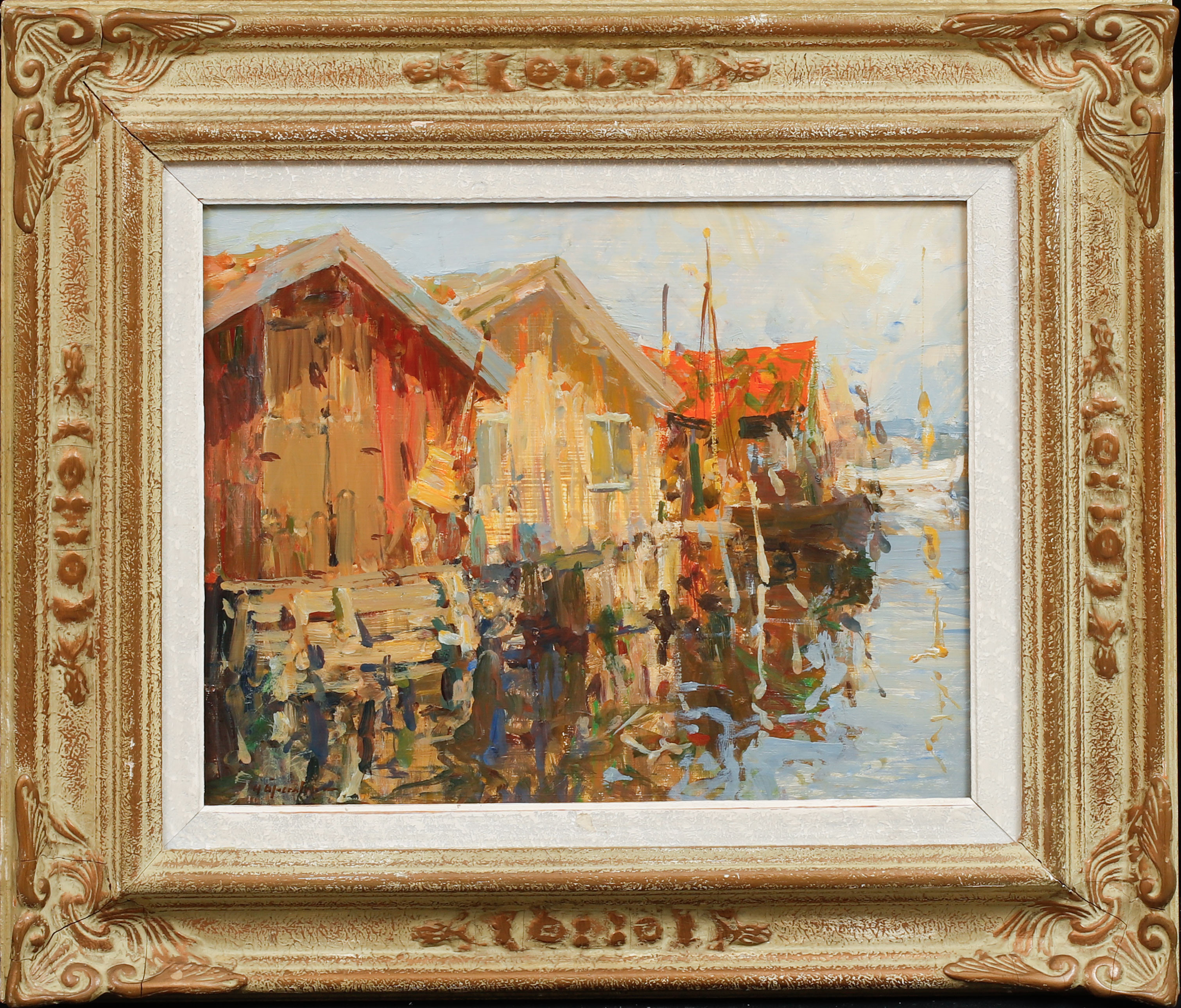 HUGO ÖFVERSTRÖM. Sjöbodar. Olja på pannå, signerad.