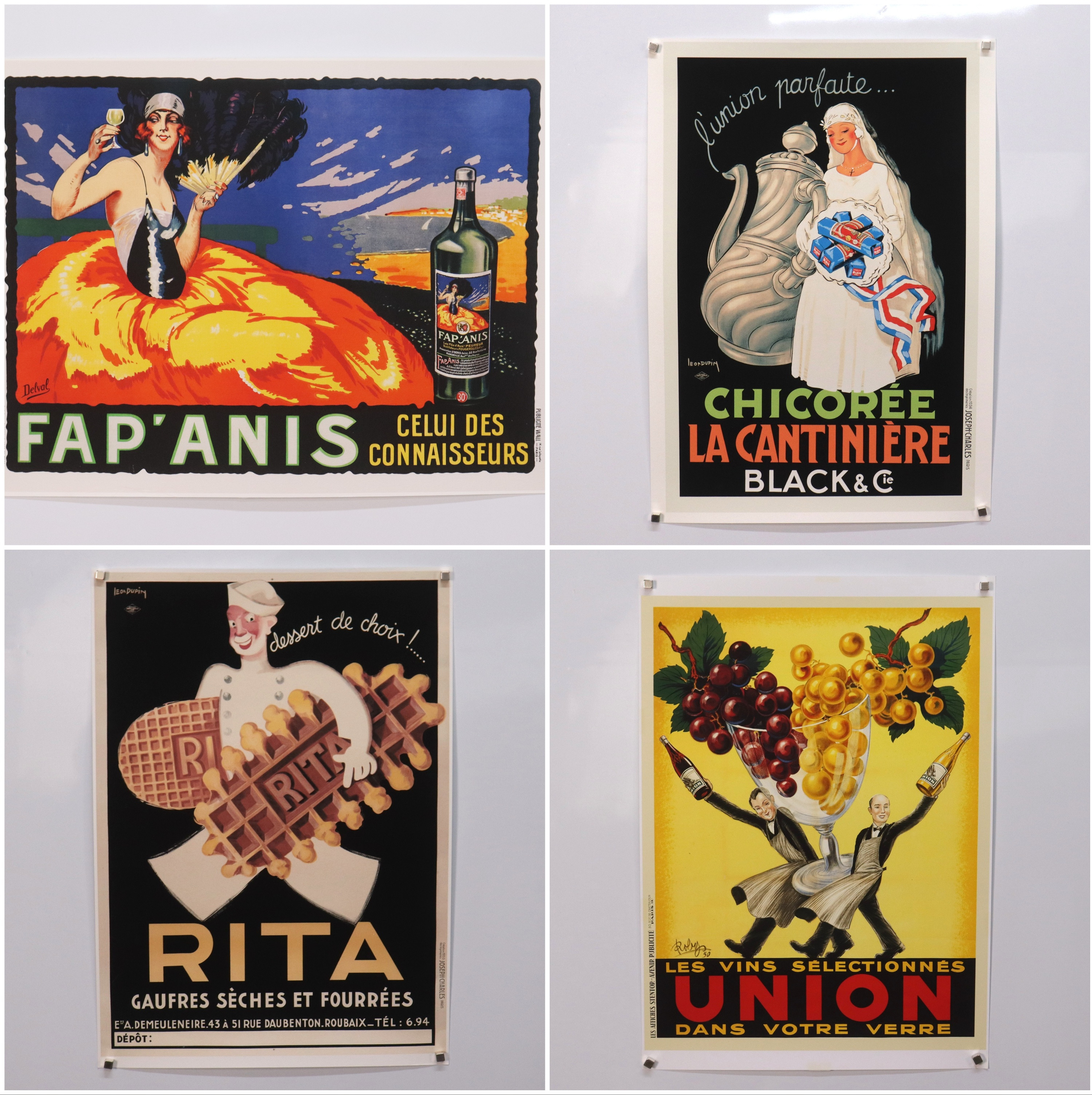 AFFISCHER, reklam, Chicorée la Cantinière, RITA - Gaufres Sèches Et Fourrées, Union Les Vins Sélectionnés samt Fap'Anis, nytryck på tjockt papper, 4 st.