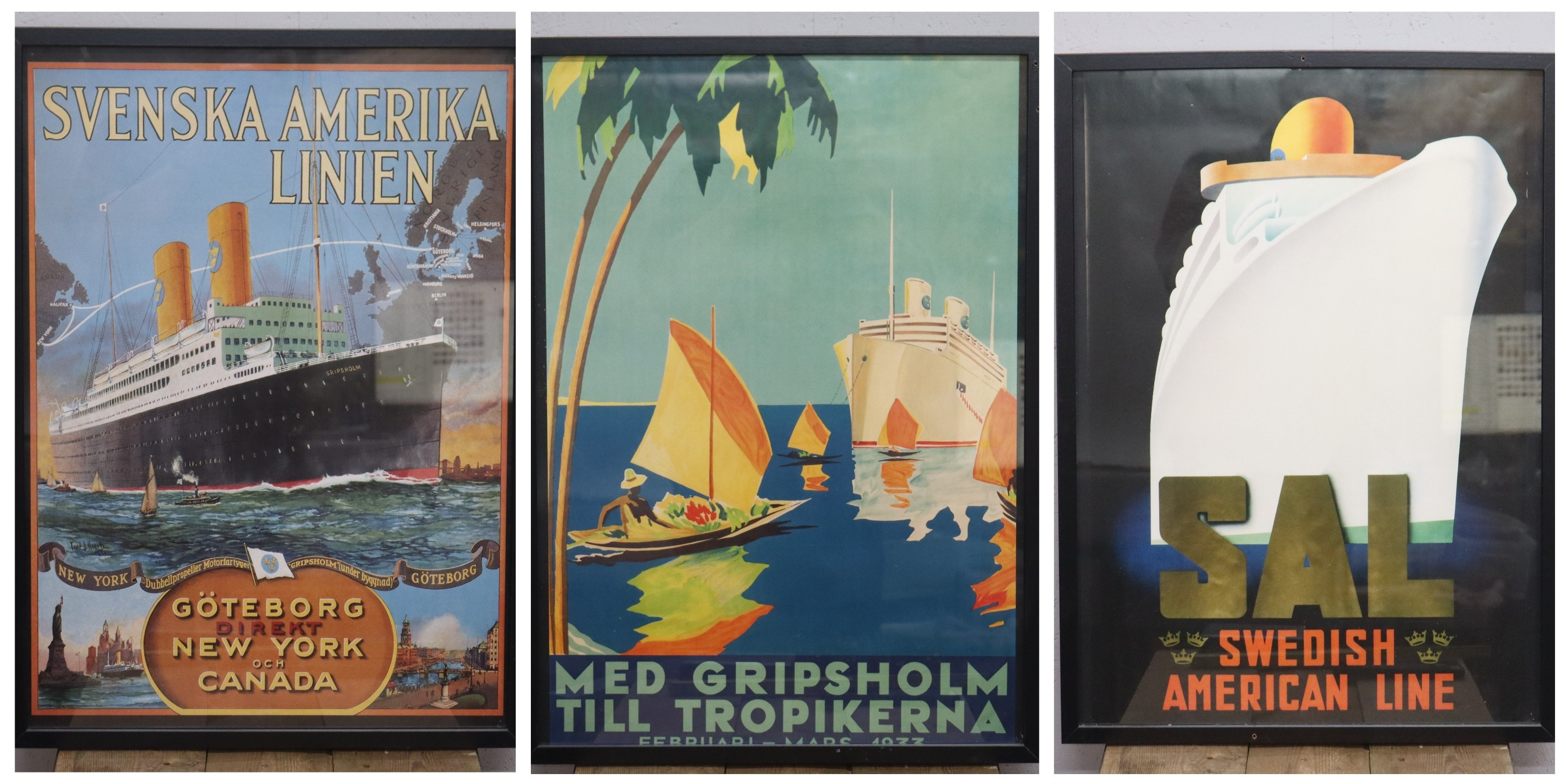 AFFISCHER, reklam, "Med Gripsholm till tropikerna, "Svenska Amerika Linien" samt "SAL Swedish American Line", nytryck, 3 st.