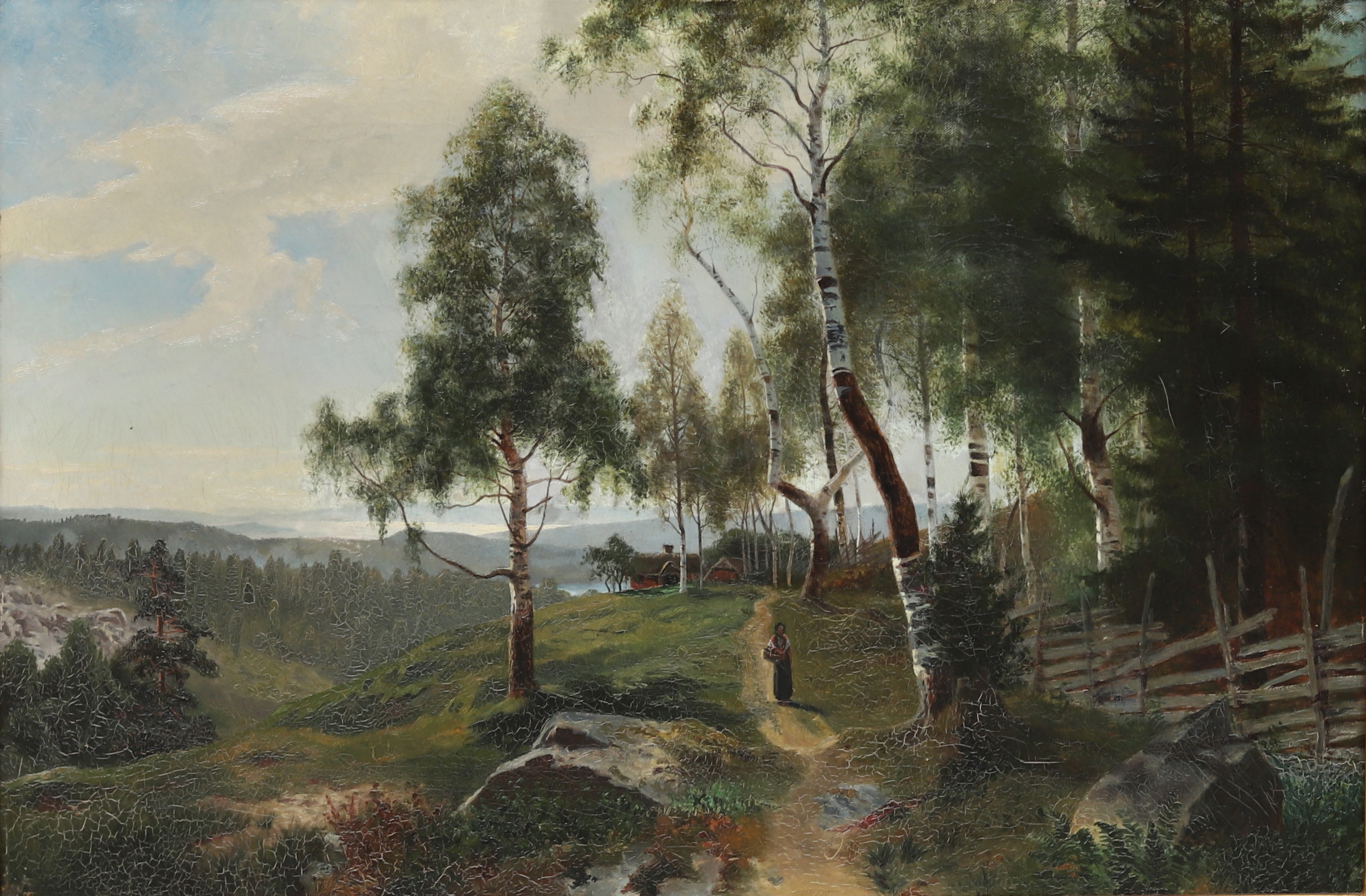 OKÄND KONSTNÄR. Kvinna på stig i landskap med insjö, olja på duk, tidigt 1900-tal, osignerad.