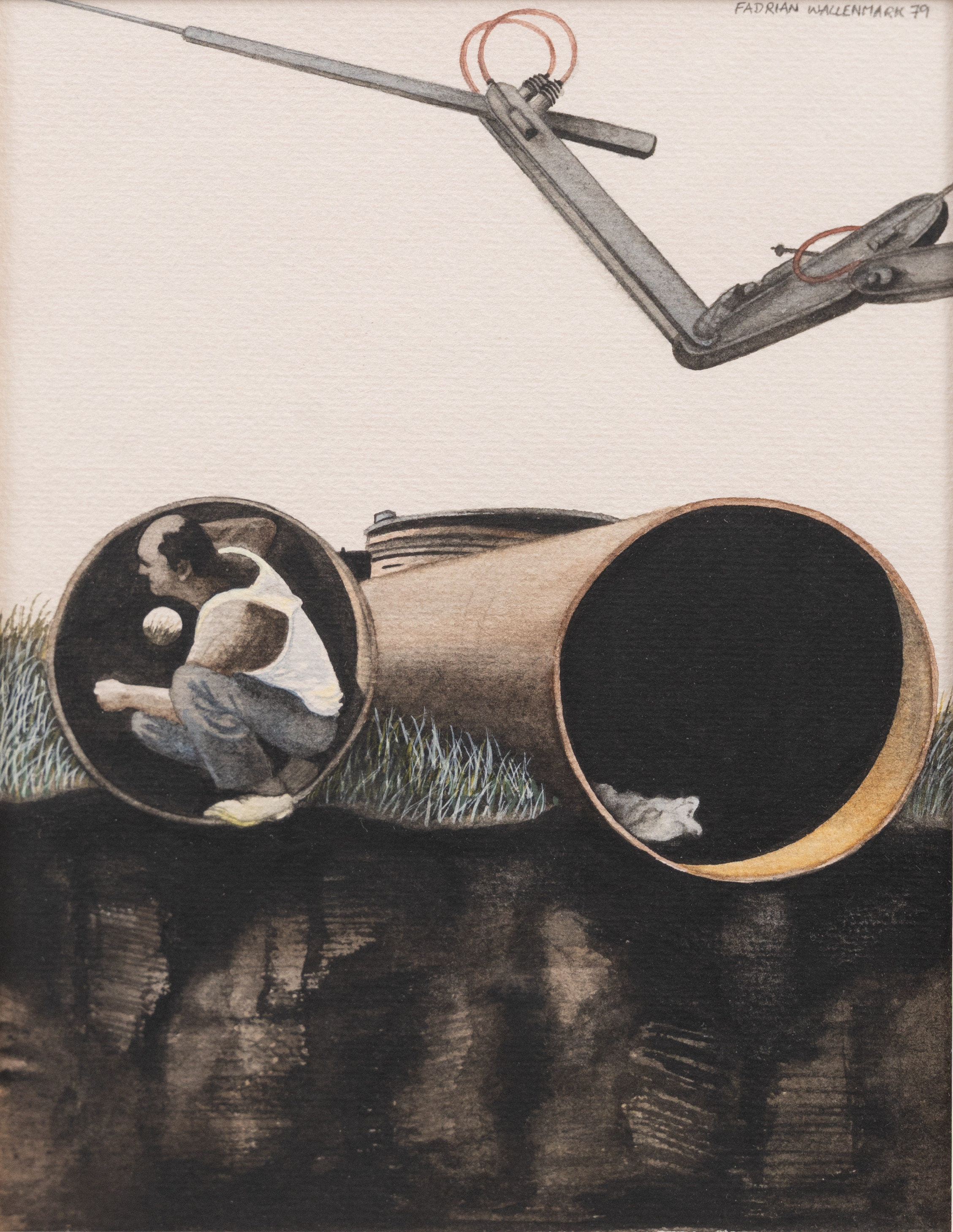 FADRIAN WALLENMARK (FÖDD 1946). Man sittandes i rör, blandteknik, signerad och daterad -79.