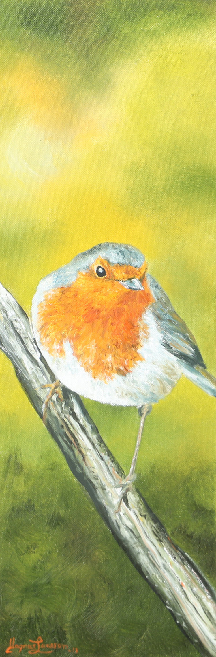 MAGNUS LARSSON. Fågel på gren, olja på duk, signerad.