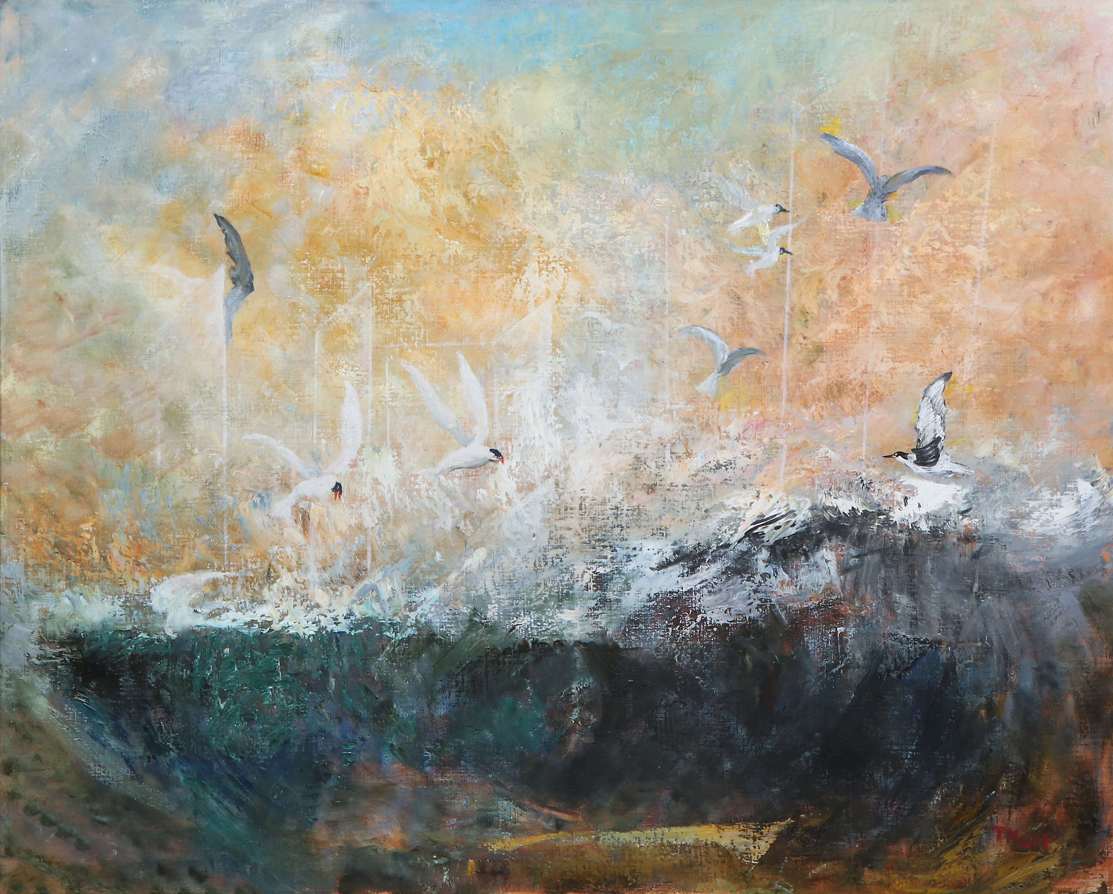 TORSTEN HULT. Oljemålning på duk. Fåglar över hav. Signerad.