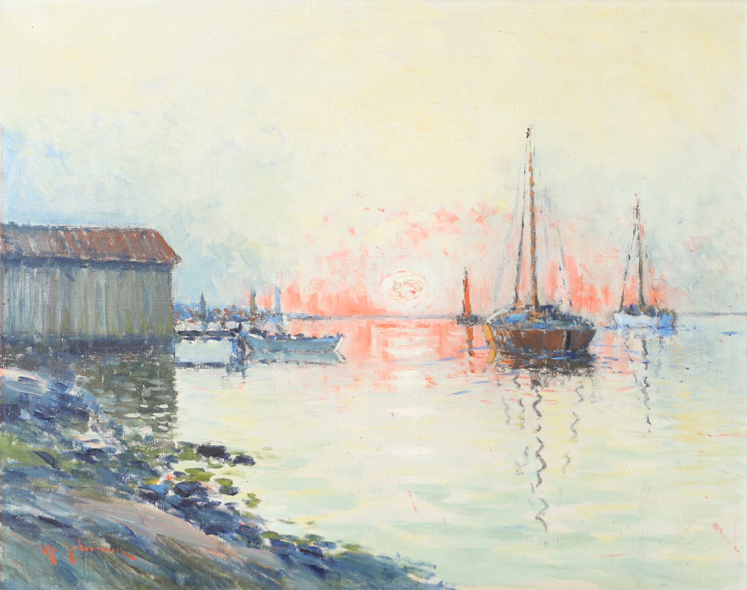 YO JOHANSSON. Båtar i stilla vatten, olja på duk, signerad.