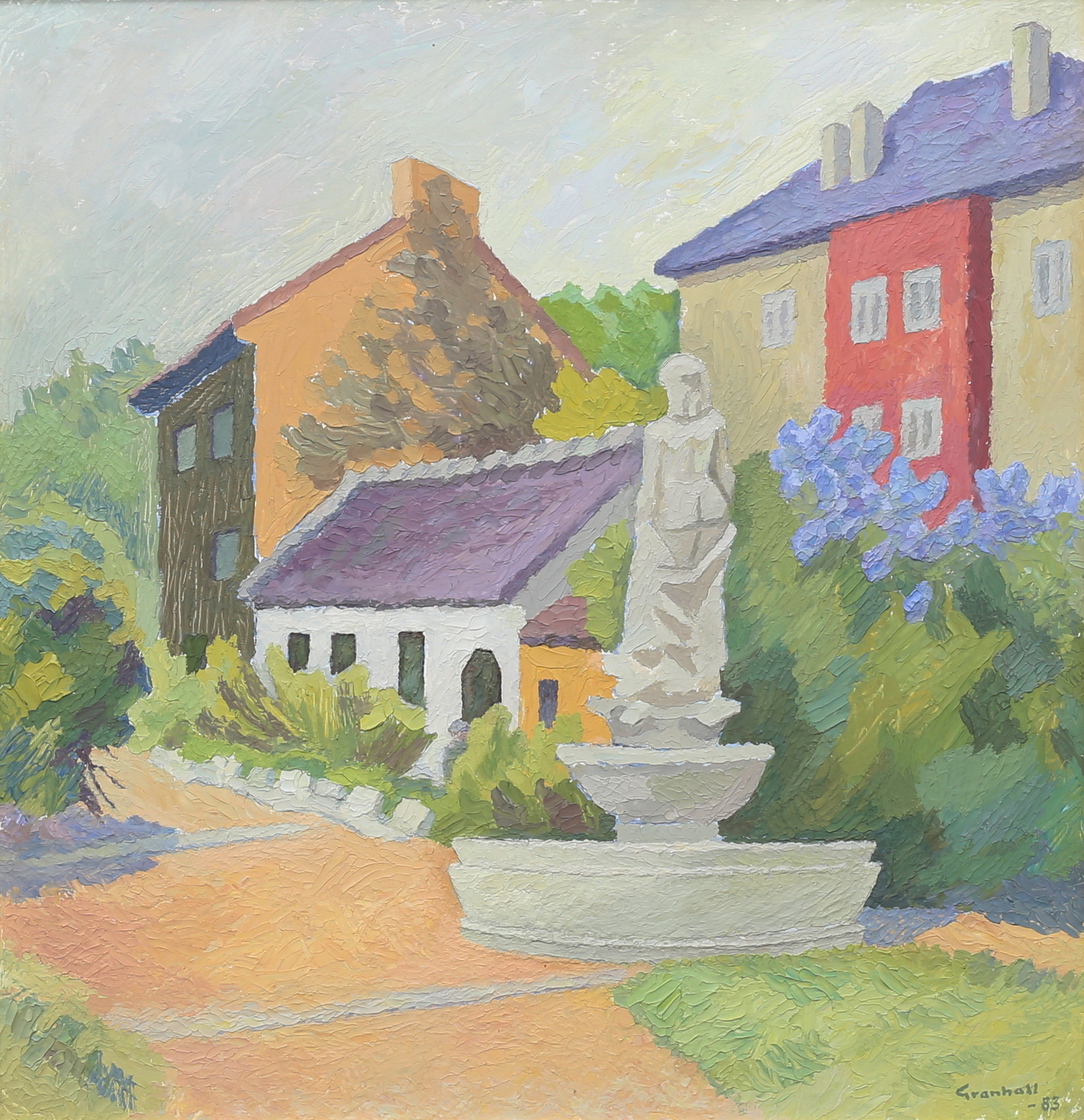 ARNE GRANHALL (1915-2004). "Hus vid en park Budapest", olja på pannå, signerad, daterad -83.
