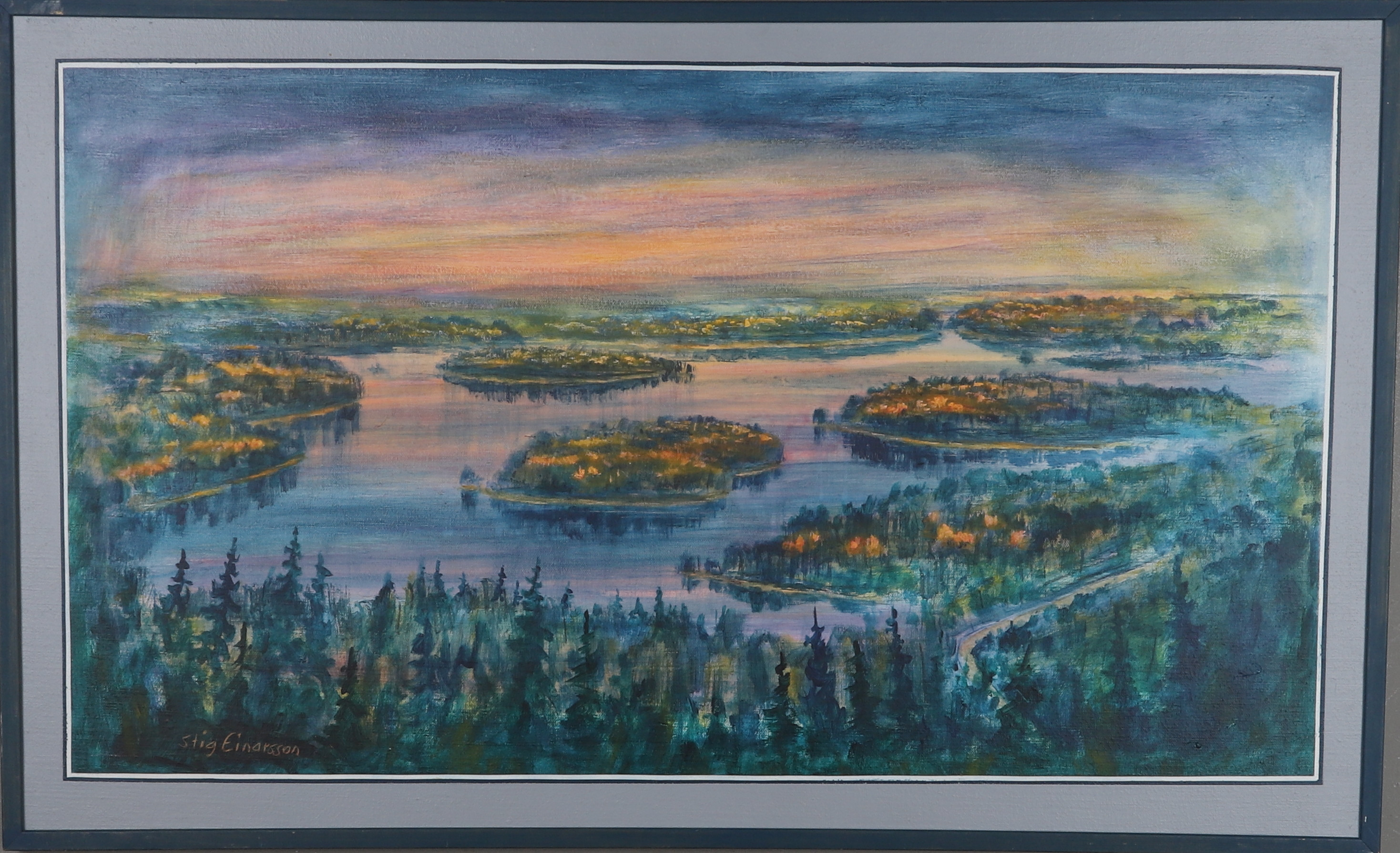 STIG EINARSSON. Olja på duk, " September kväll Östjuten", efter eget flygfoto, signerad.