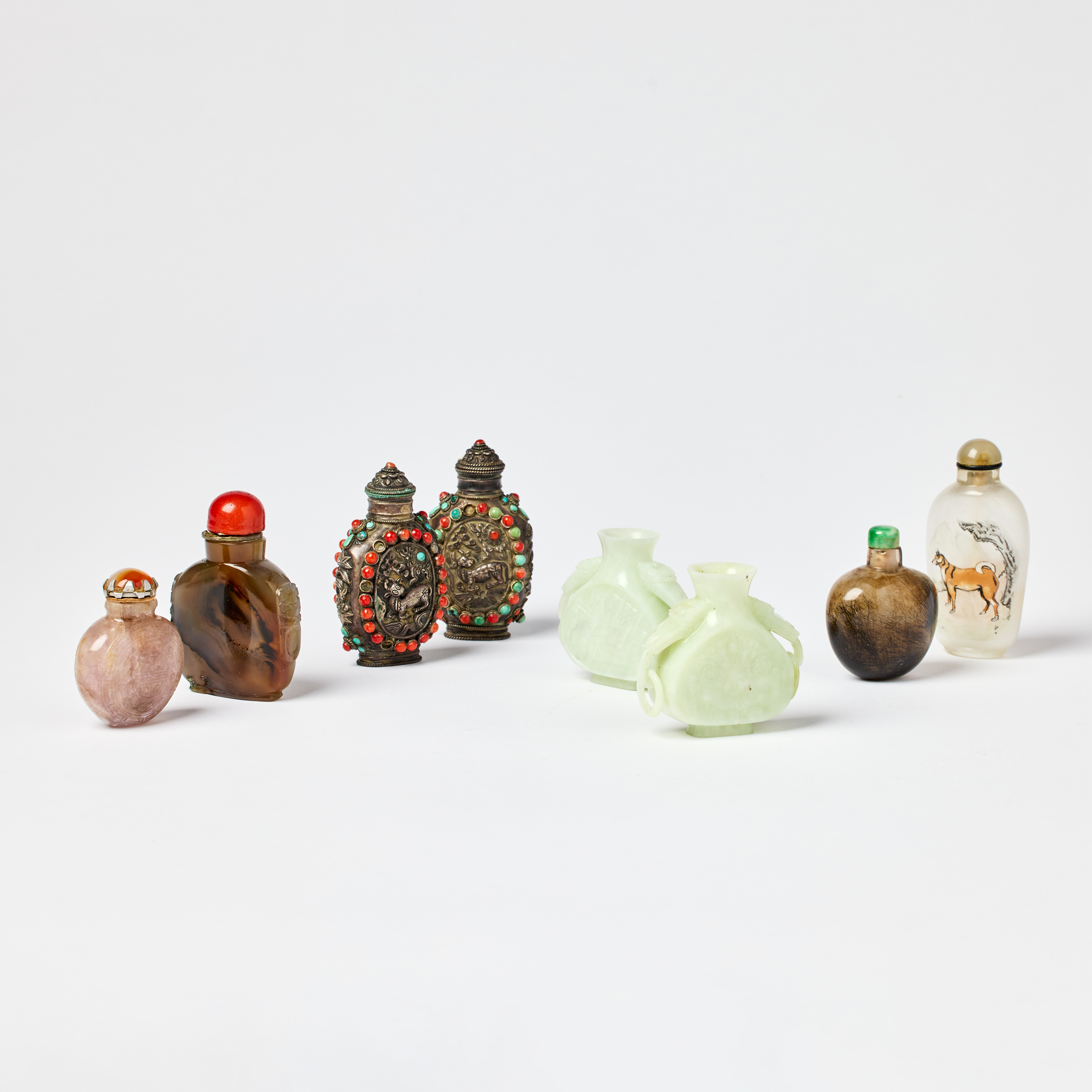 A Group of Six Chinese Snuff Bottles and Two Vases.