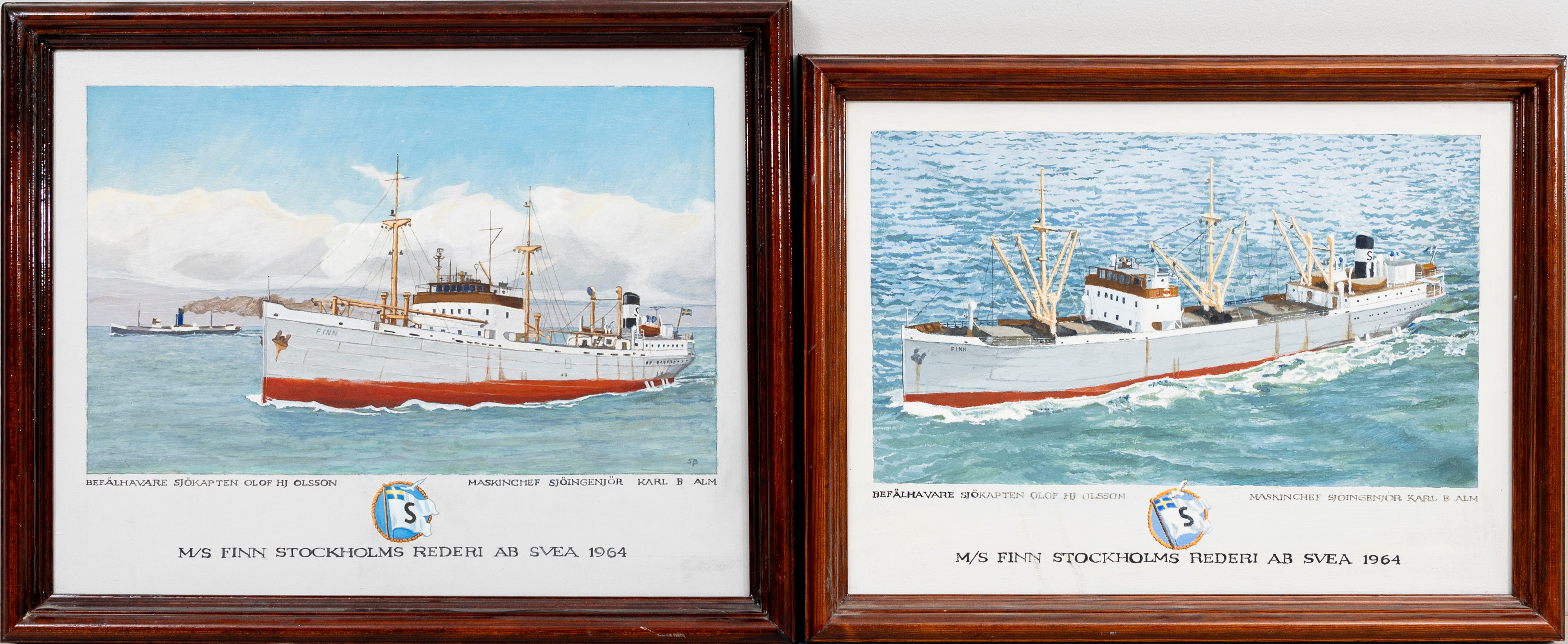 OIDENTIFIERAD KONSTNÄR. 2 st, M/S Finn, Stockholms Rederi AB Svea 1964, olja på pannå, monogramsignerade.