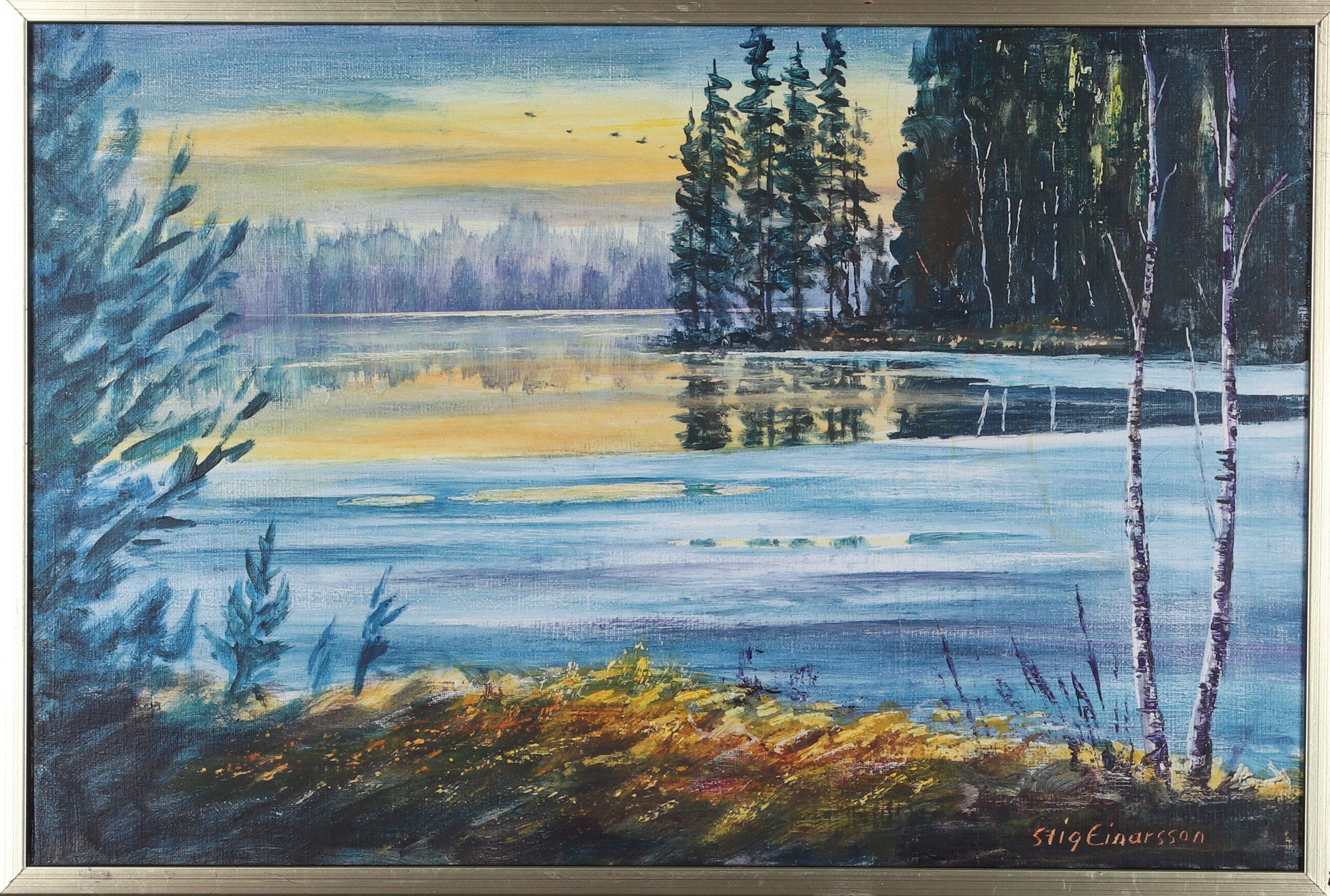 STIG EINARSSON. Olja på duk, " Islossning Hällestadsån vid Torkulla", signerad.