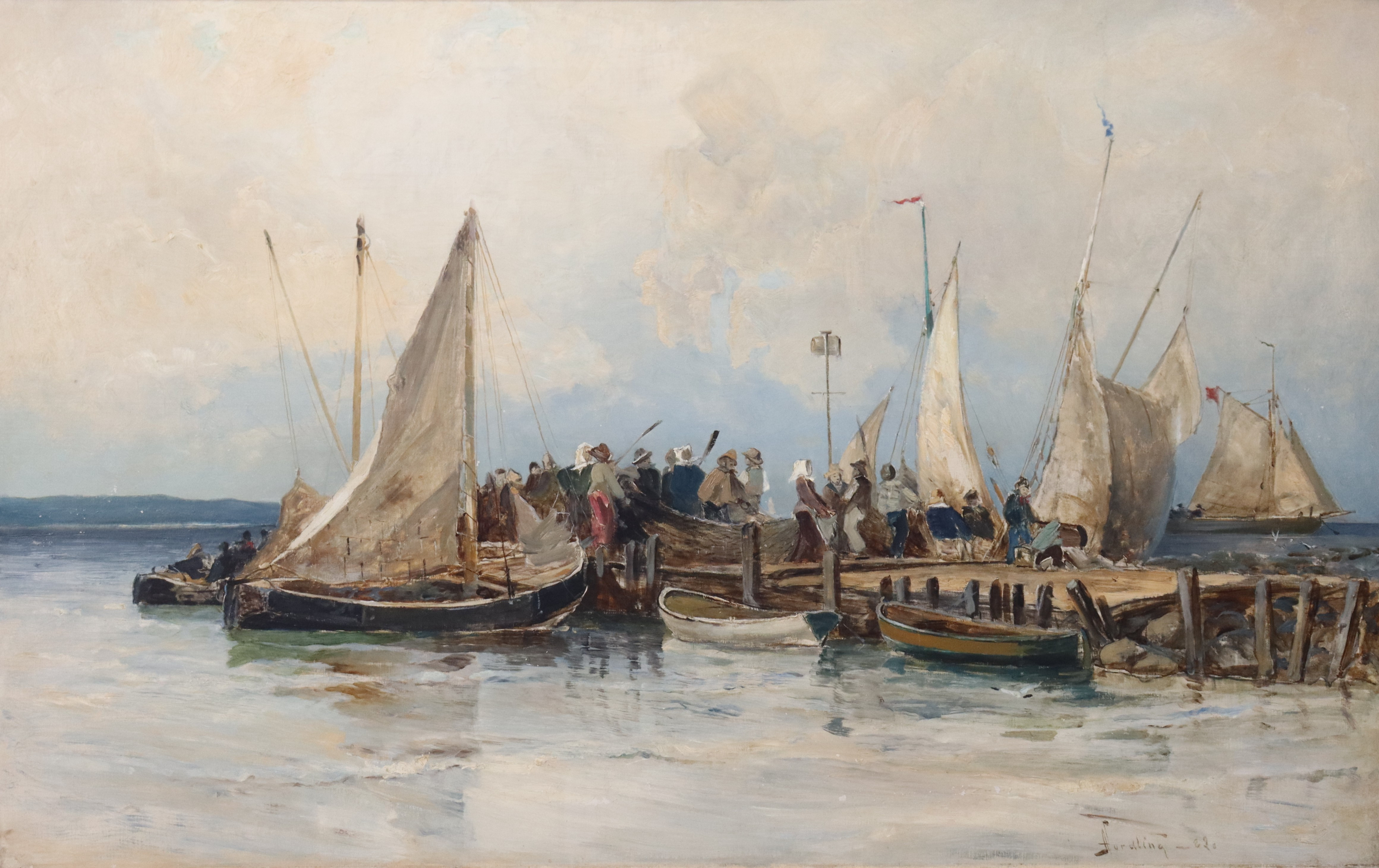 ADOLF NORDLING. olja på duk, fiskhandel i hamn.