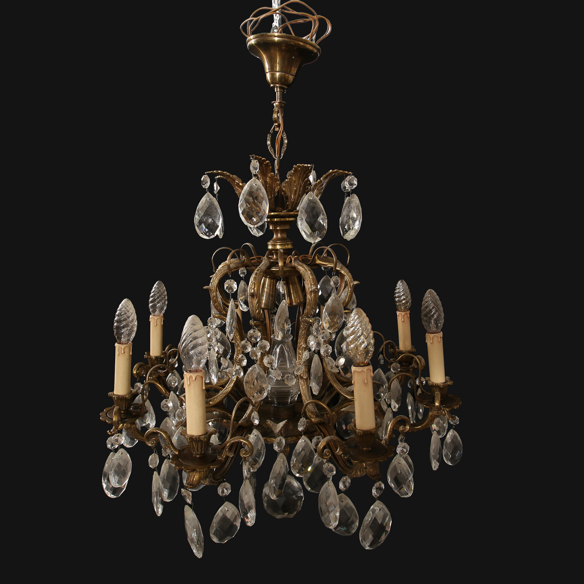 LJUSKRONA, patinerad mässing, kristall, 1930/40-tal, 10 ljuskällor.