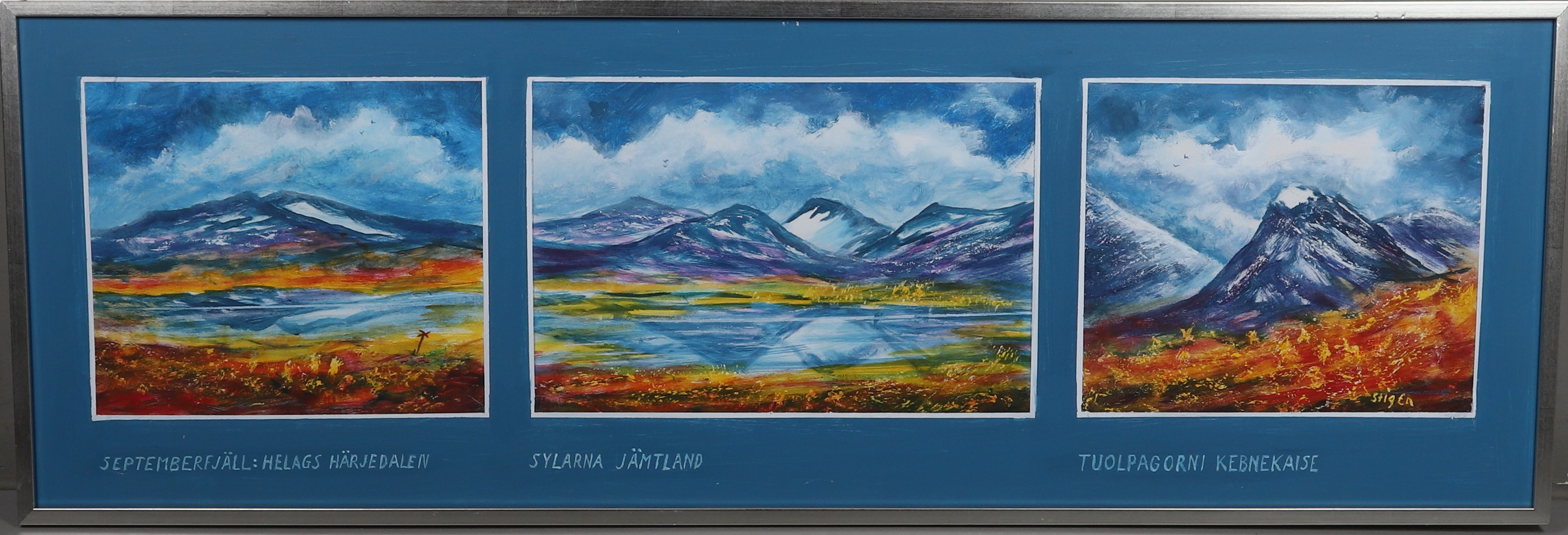 STIG EINARSSON. Olja på pannå, " Septemberfjäll: Helgas Härjedalen, Sylarna Jämtland, Toulpagorni Kebnekaise, signerad.