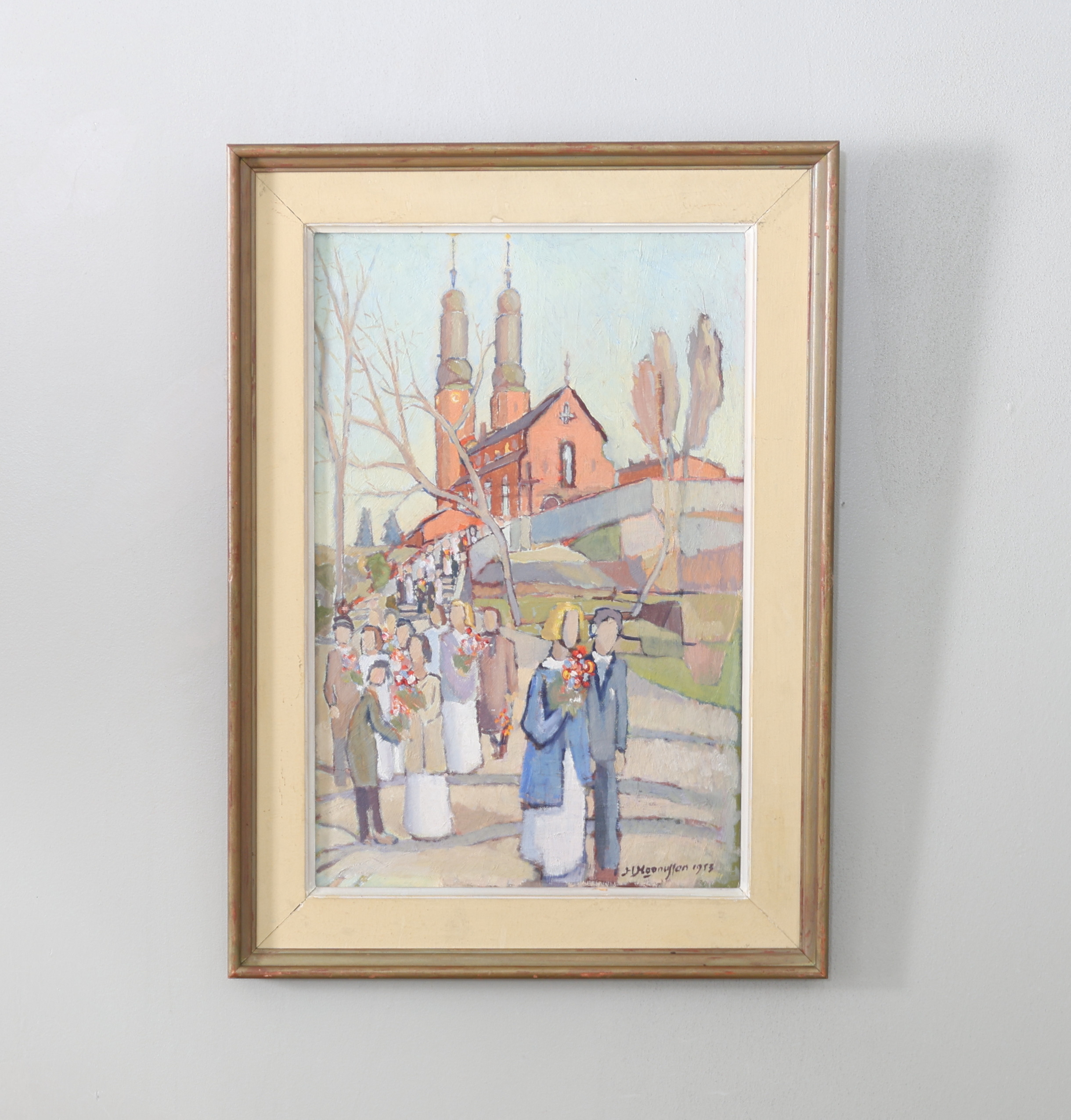 OIDENTIFIERAD KONSTNÄR. Högalidskyrkan, olja på pannå, signerad samt daterad 1953.