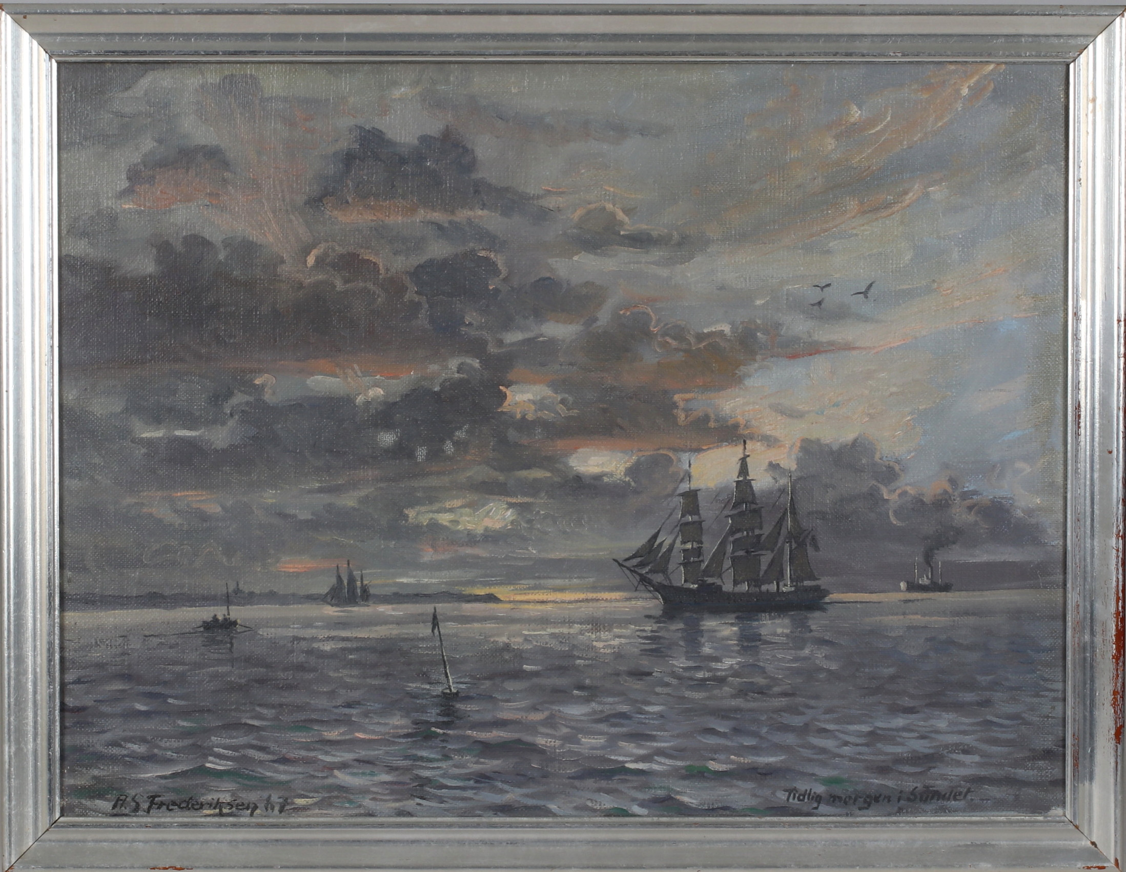 ARNE S FREDERIKSEN. "Tidlig morgen i Sundet", olja på duk, signerad.