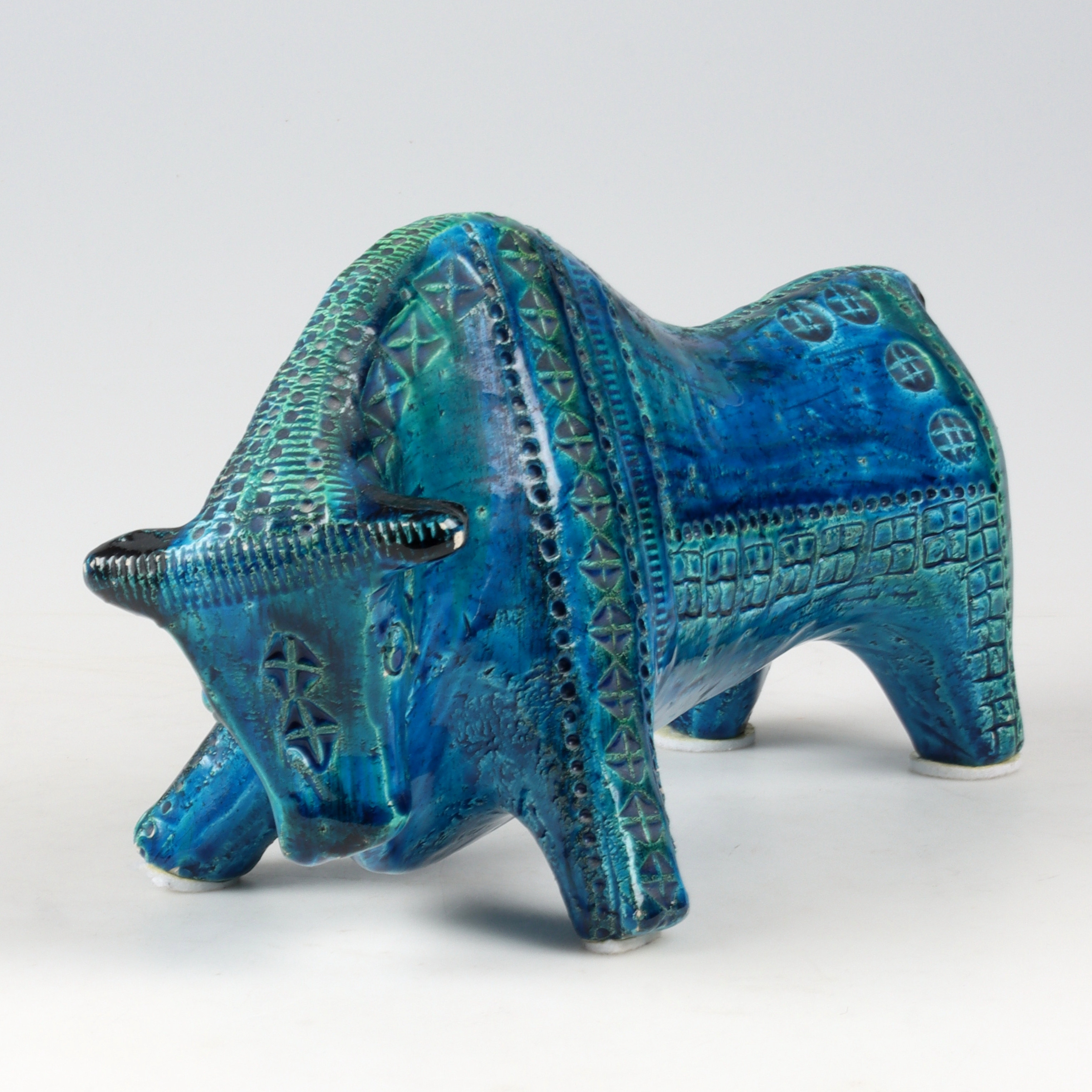 ALDO LONDI. Figurin, tjur, keramik, Rimini Blu, Bitossi, Italien.