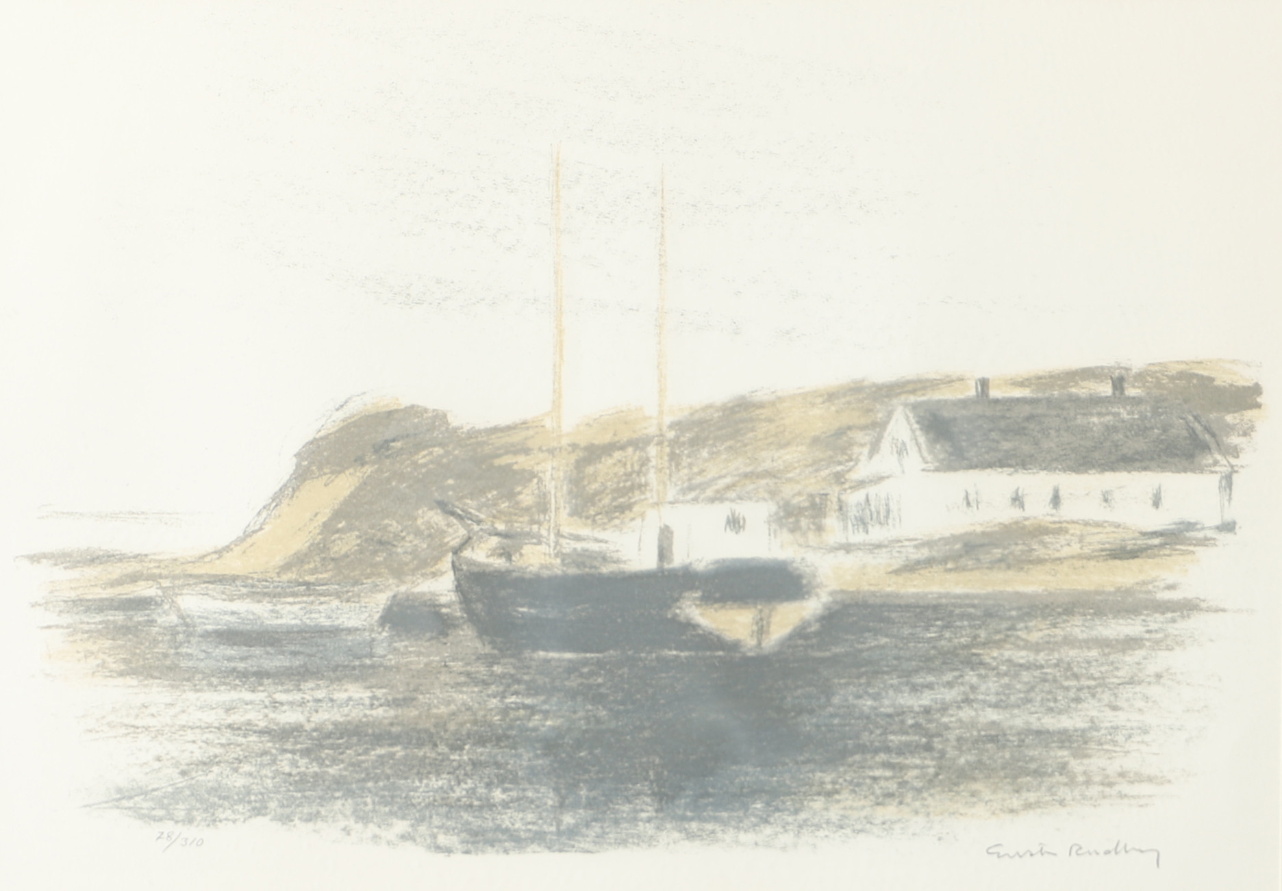 GUSTAV RUDBERG. Kustparti med båt, färglitografi, signerad.